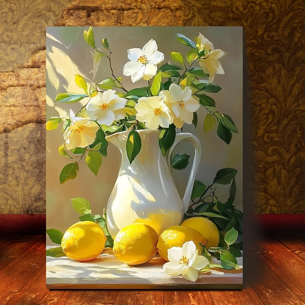 LSYALUCK Vintage Lemon & White Flowers Canvas Wall Art Rustic Home Decor for Kitchen, Living Room, or Office Office Artwork(40x65cm(16x26in)/InnerFrame)