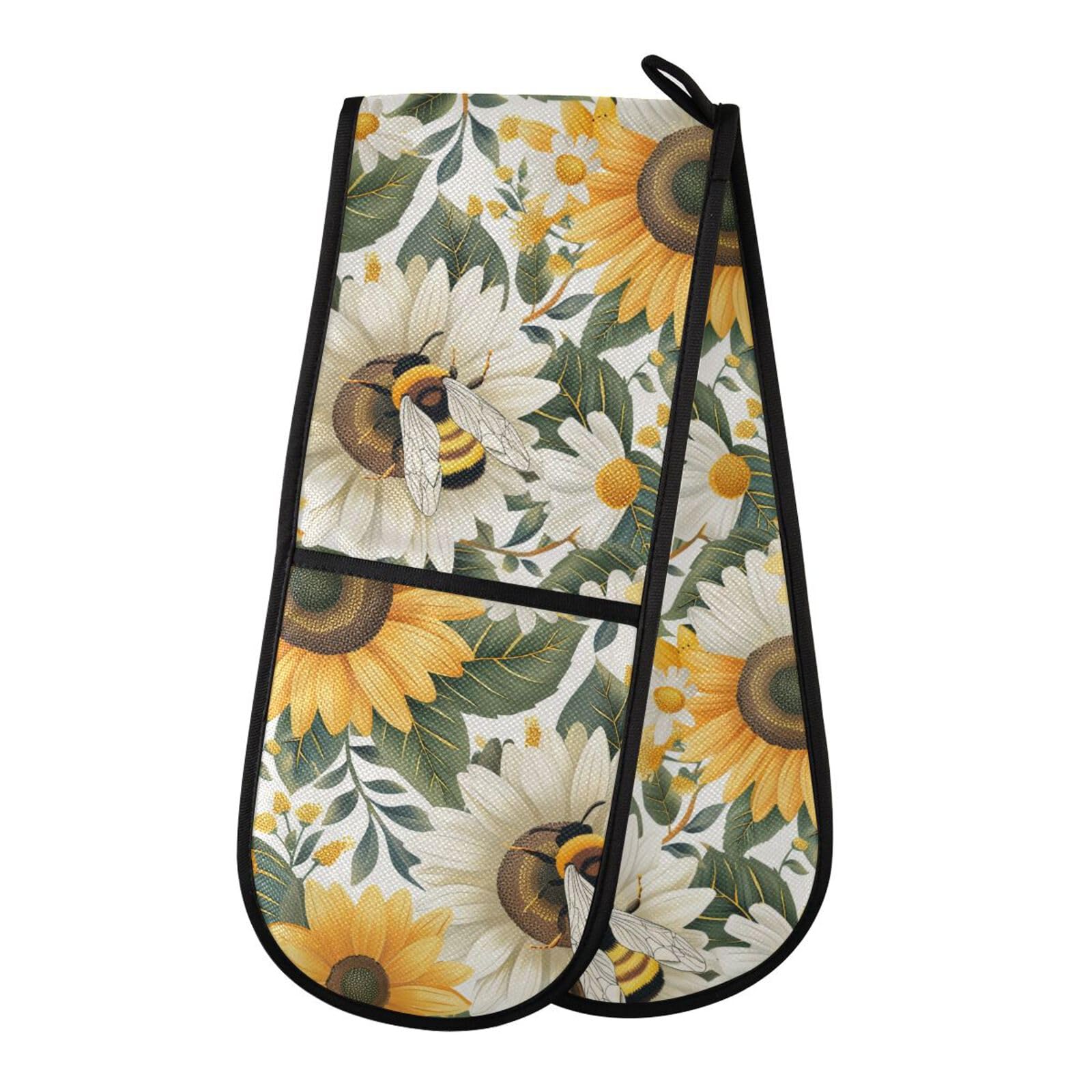 Double Oven Gloves Sunflower Bee Heat Resistant Pot Holder Oven Mitt Gloves for BBQ Cooking Baking Grilling Microwave