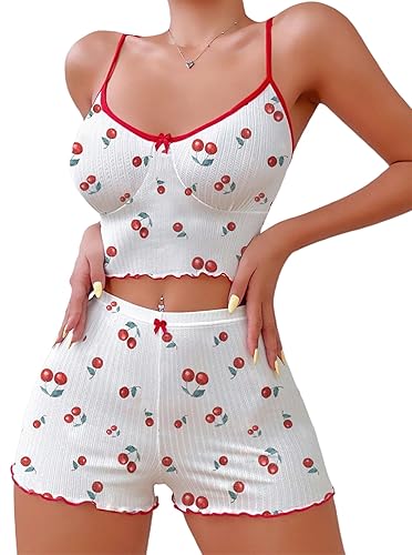 Hilinker Womens Graphic Print Ribbed PJ Set Crop Cami Tops and Shorts Cute Pajamas Set - X-Small - White Red Cherry C