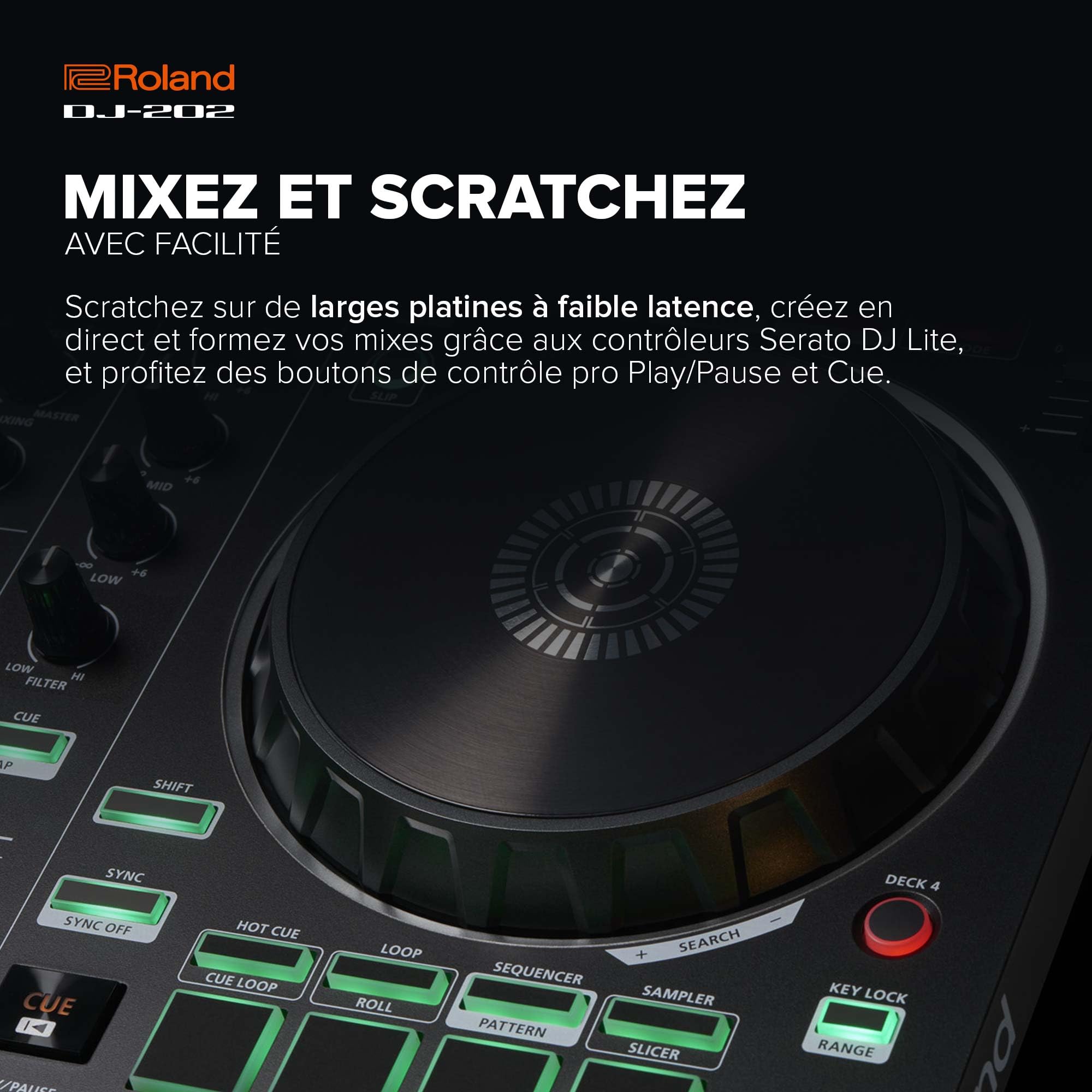 Roland DJ-202 | Contrôleur DJ compact | Contrôleur à 2 canaux et 4 decks pour Serato DJ Lite | De larges platines à faible latence | Les sons de batterie iconiques Roland | Compatible avec Spotify