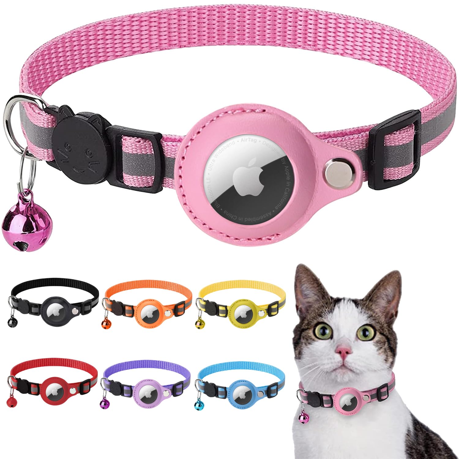 AIRTAG - Collar de gato con campana, longitud ajustable, hebilla separable, rayas reflectantes, para gatos machos y niñas, perros pequeños (cuero, rosa)