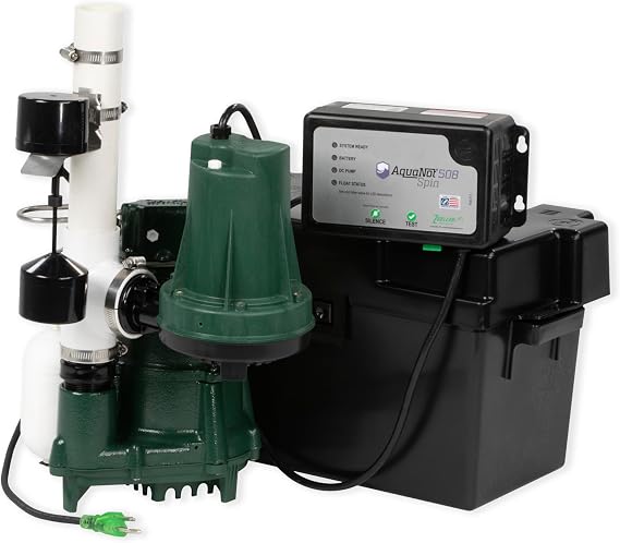 Zoeller 508-0007 AquaNot Spin 508 ProPak Complete Sump Pump System with M98 Primary Pump & 12 V Battery Backup, Self-Testing, Check Valve & Float Switch - Basement Flood Protection