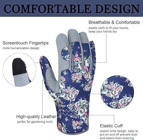 Miniatura 3 de Guantes de jardinería de cuero para mujer, a prueba de espinas, guantes de jardín para pantalla táctil, guantes de trabajo, regalos, L