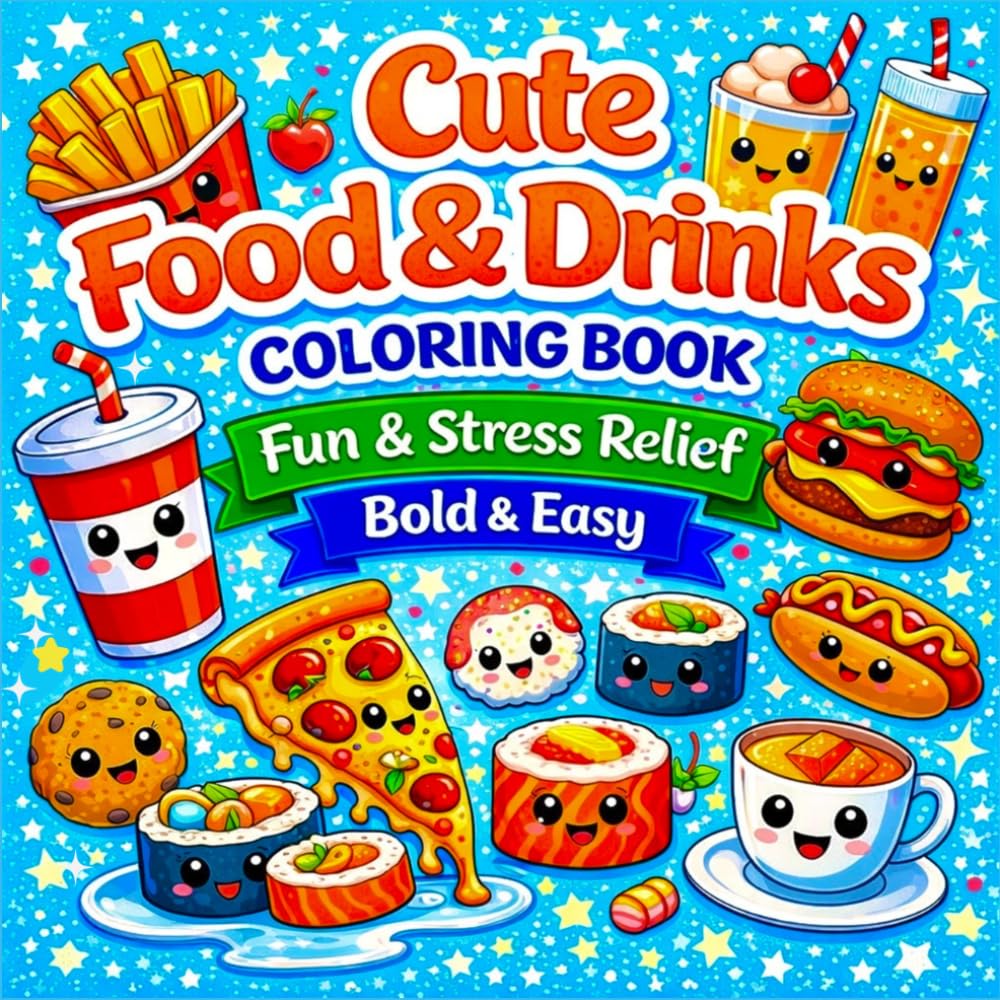 Cute Food & Drinks: Coloring Book Fun & Stress Relief for Kids and Adults, Bold & Easy, Kawaii Food & Drinks for Relaxation (Bold & Easy Cute Coloring Books for Kids and Adults)