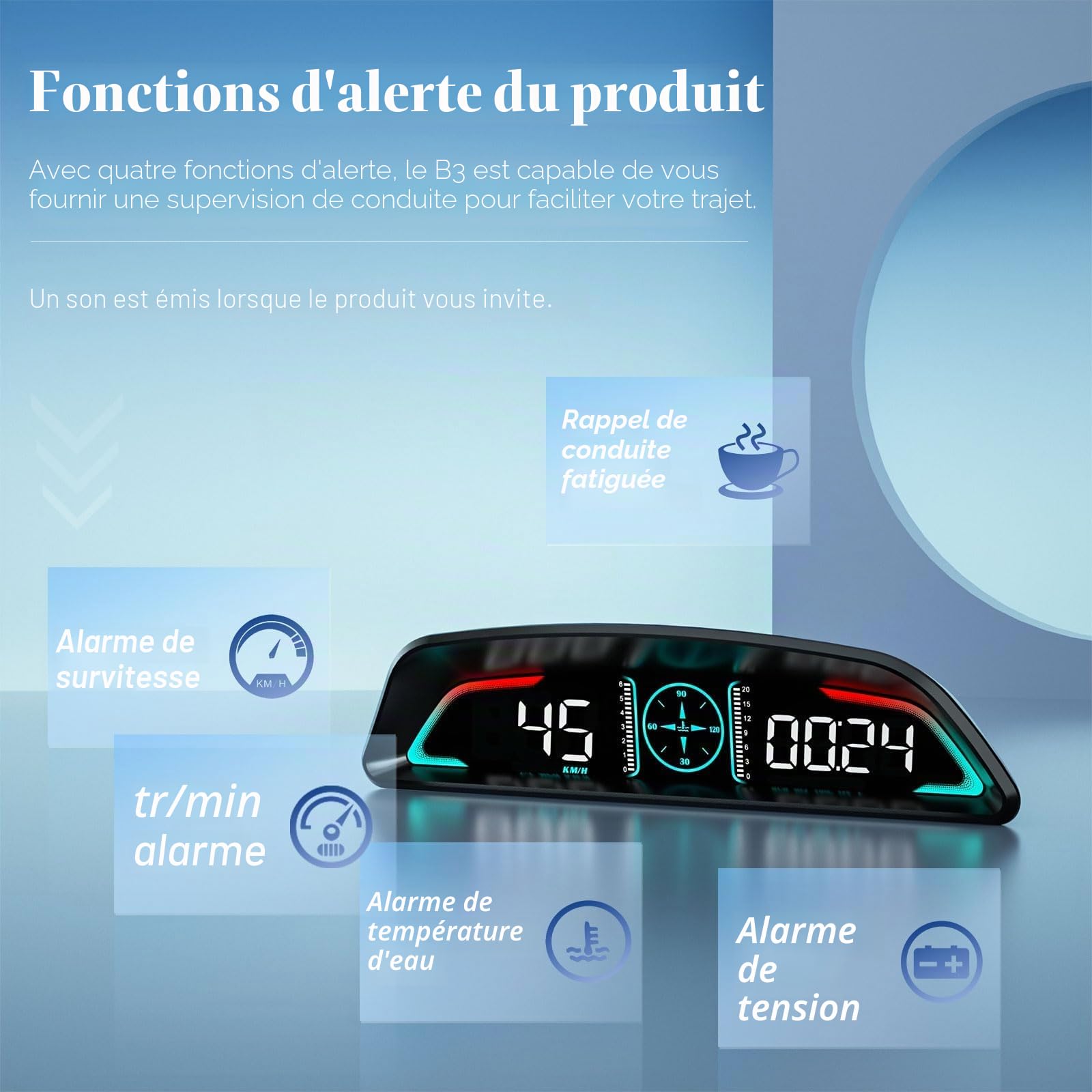 Écran HUD Head Up de voiture, MPH et KM/H, AMROOLOO, Heads Up Display Car, affichage de la vitesse de la voiture, RPM, Time et autres fonctions, speedomètre numérique automatique MPH