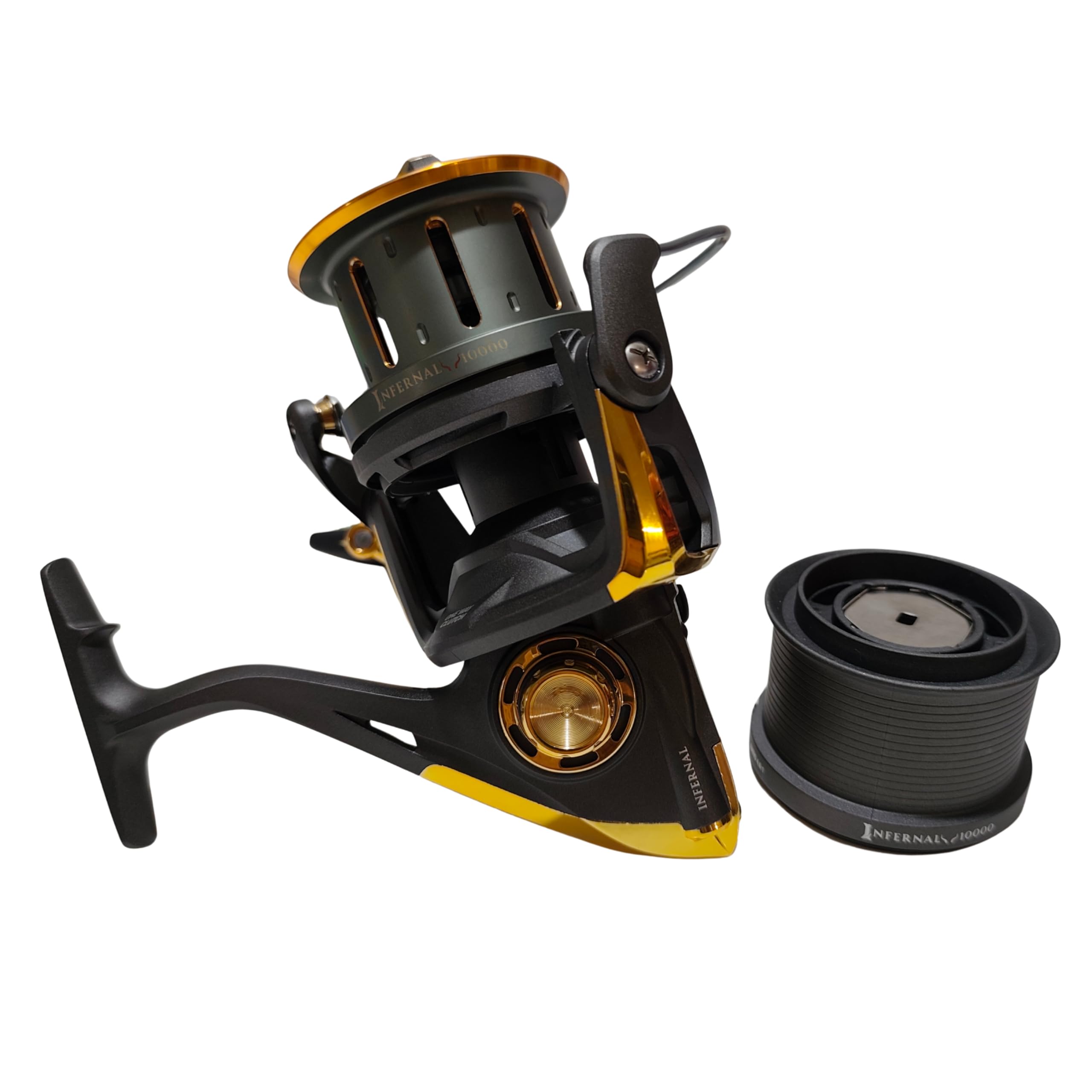 Moulinet Infernal 10000 - Moulinet Surfcasting de mer | Frein en carbone 16 kg | 7+1 BB INOX | Ratio 4.6:1 | Worm Shaft | Bobine aluminium + extra graphite | Anti-Reverse