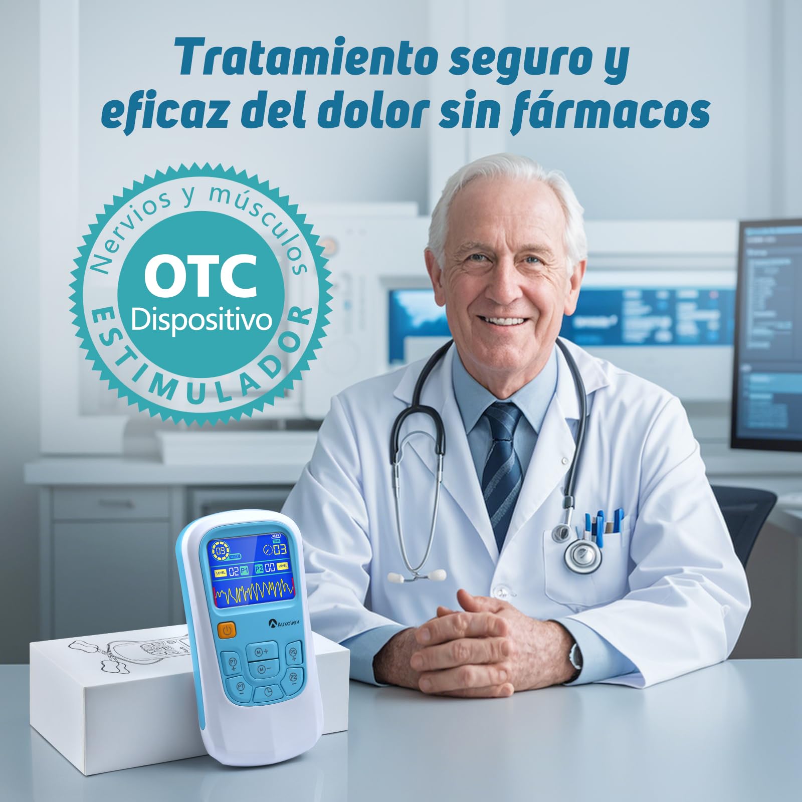 AUXOLIEV Electroestimulador Muscular Función de Masaje, A/B Canales TENS/EMS de Masaje Terapia Maquina, Microcorriente y Carga USB, 25 Modos de Masaje + 50 Intensidad para Largo Plazo (Azul Blanco)