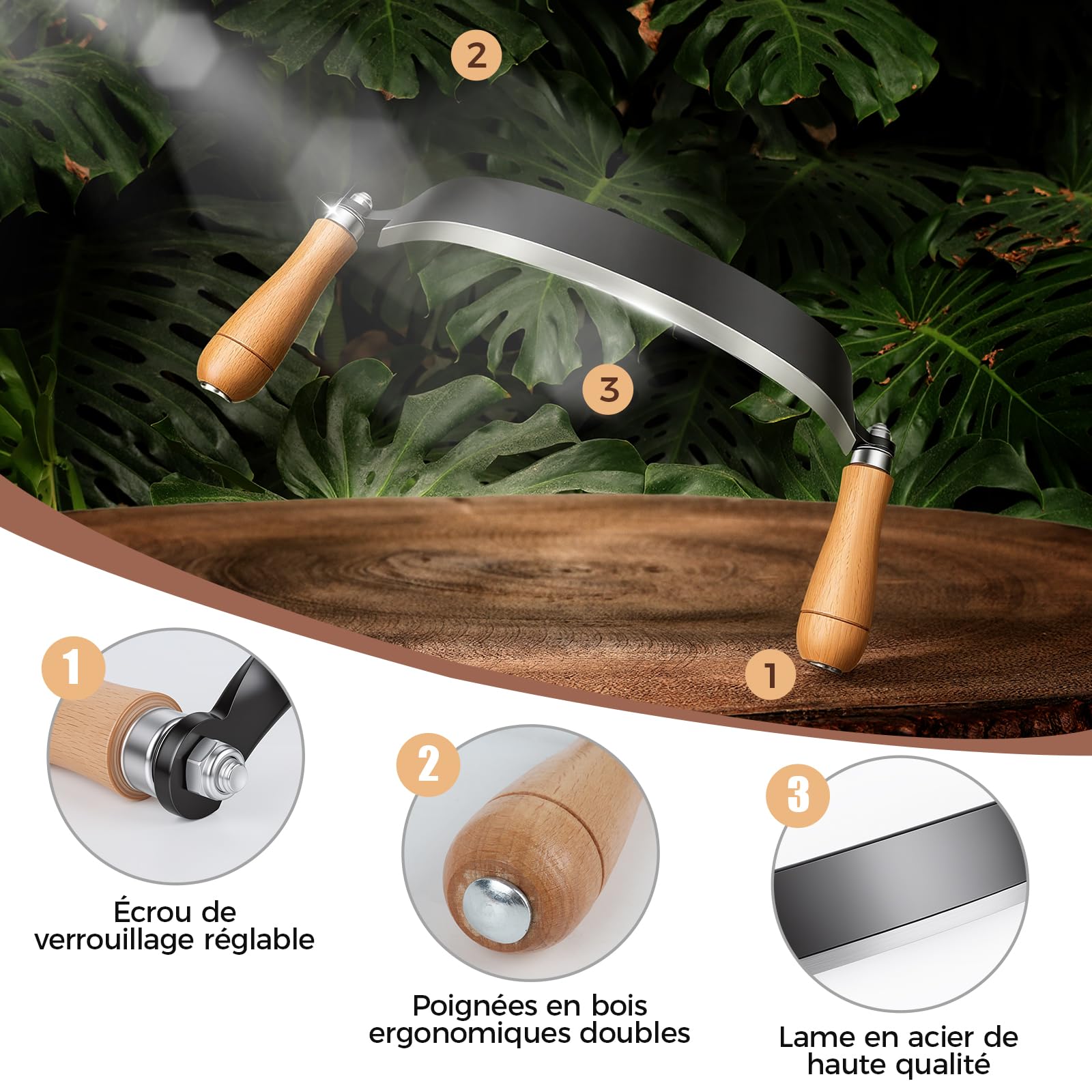 Zugmesser 250 mm für Holz, Wolframstahl, gebogen, Baumschäler mit Holzgriff