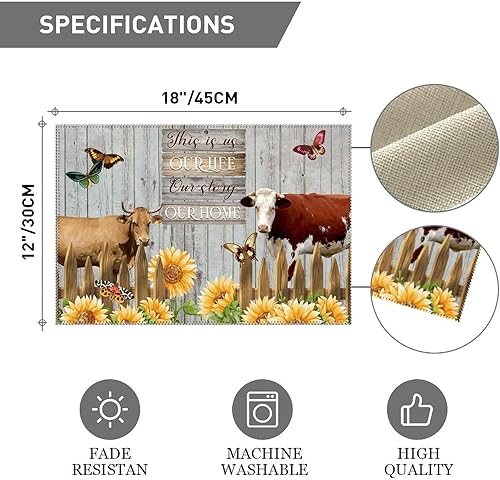 Miniatura 4 de Juego de 4 manteles individuales con diseño de girasol, diseño de vaca y animales de granja con cita familiar This is Our Life, resistente a las