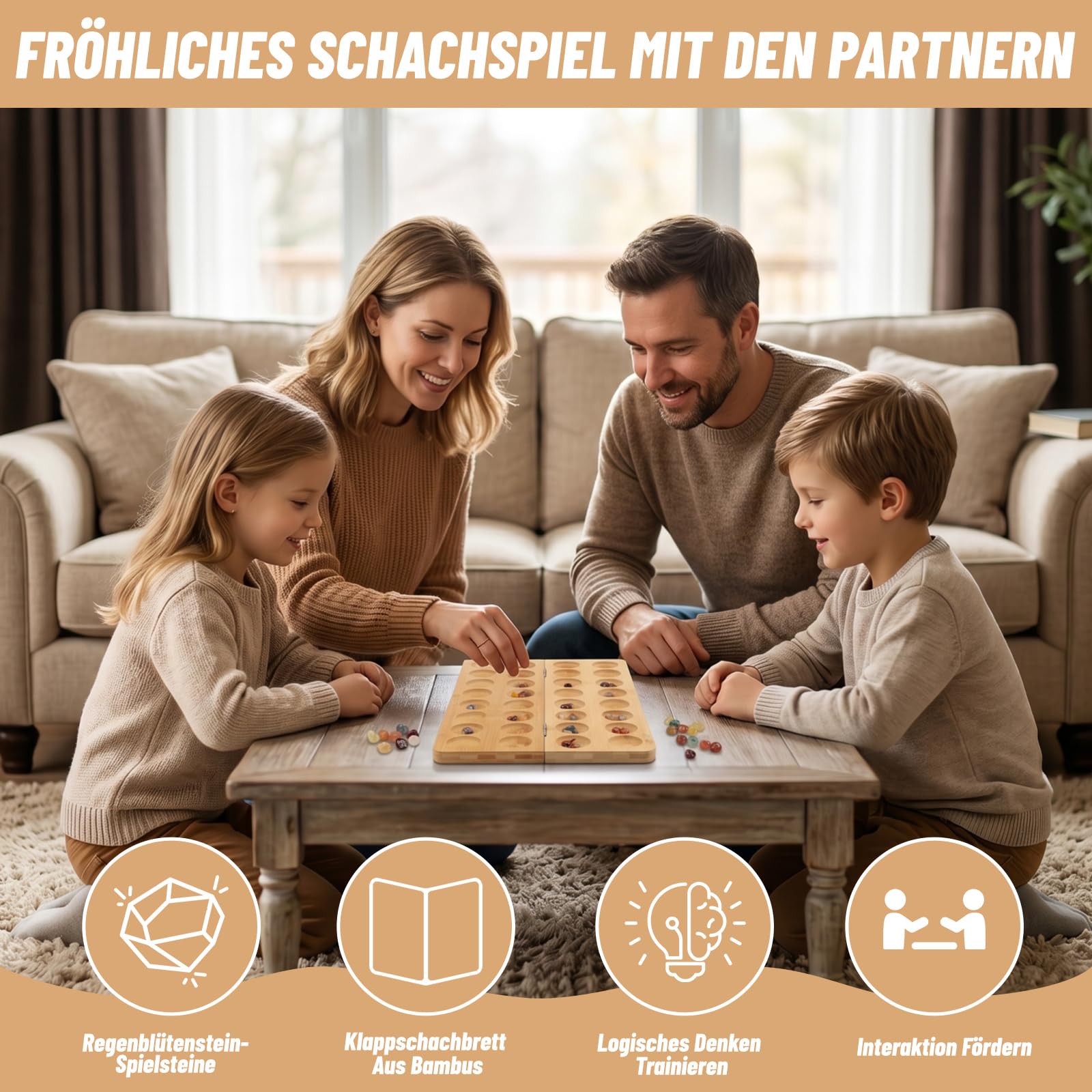Jeu de pierres Kalaha - Jeu de pierres précieuses pliable en bois avec 65 pierres, double jeu, jeux de puzzle, jeux de stratégie pour voyages, fêtes, activités scolaires, 47 x 14,5 x 4 cm