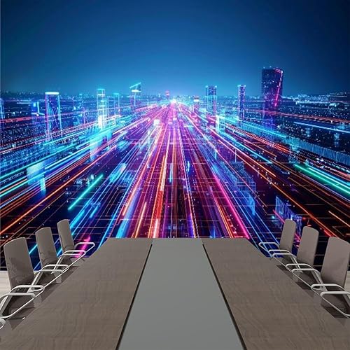 Miniatura 4 de Murales de papel pintado modernos 3D neón horizonte retro 80s paisaje urbano despegar y pegar, adhesivos de pared de PVC autoadhesivos extraíbles