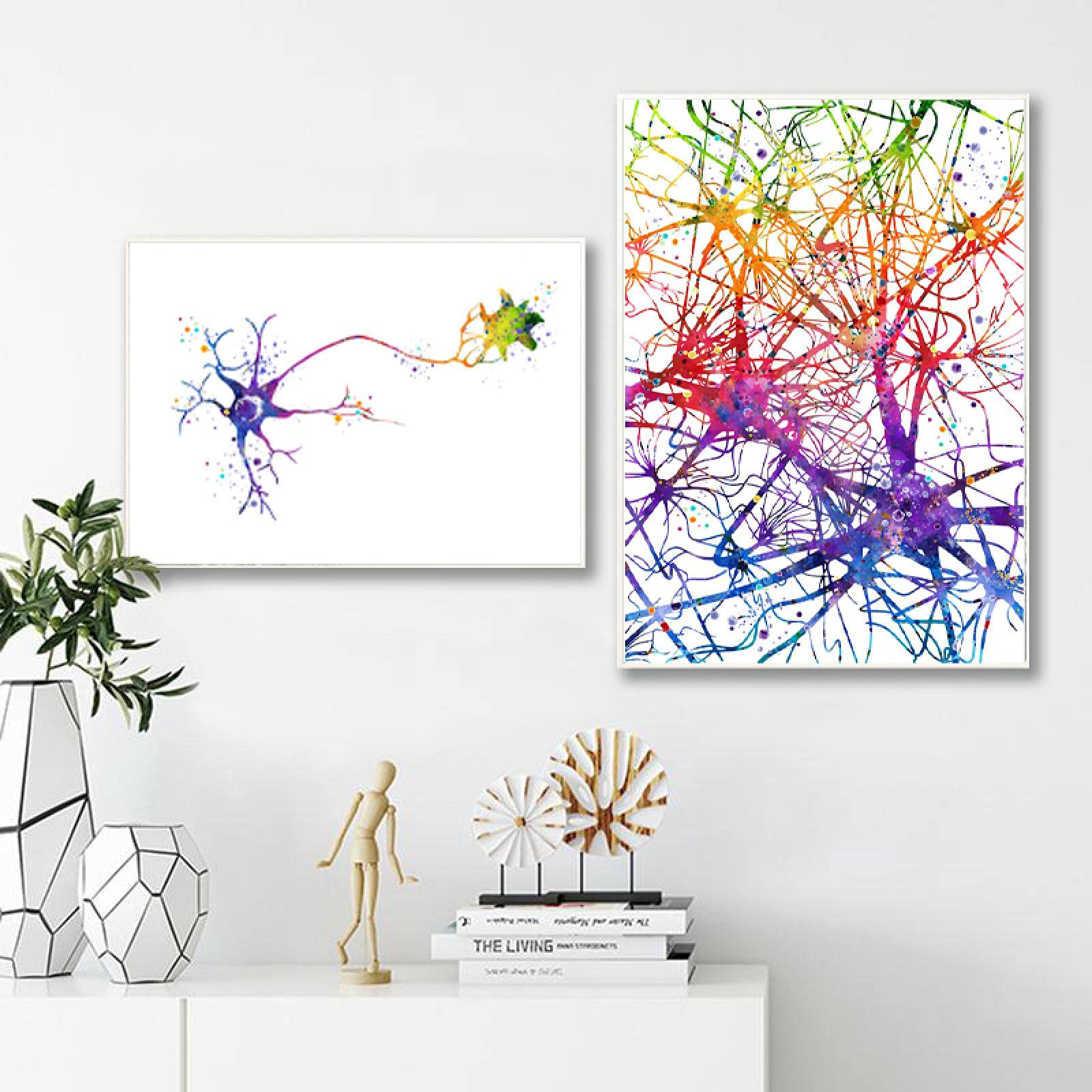 ZMFBHFBH Multipolare Gehirn Neuron Zelle Kunstdrucke Gehirn Neurologie Medizinische Wissenschaft Poster Biologie Großes Dekor Leinwand Gemälde 20x35cm (8x14in) x2 Mit Rahmen