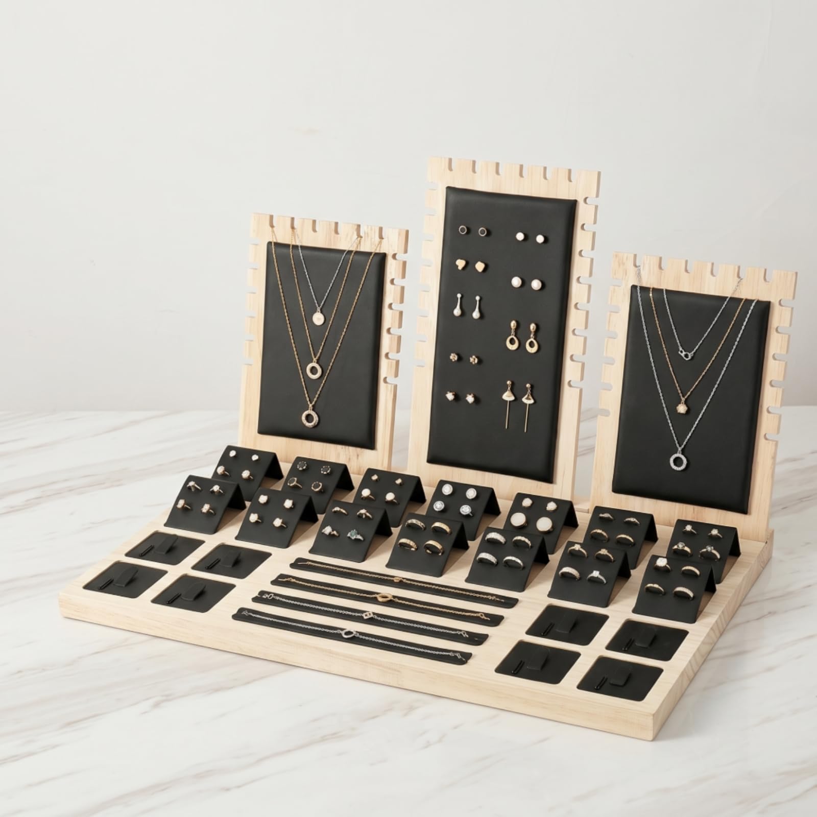 TISHITA Soporte para Joyería Stand de Mostrador Organizador con Base Rectangular y Respaldo en Secciones Barras Estrechas y Paneles Rectangulares Madera, Dark Green, SET Stand