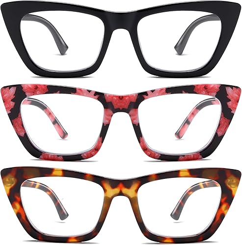 NaNaKo Paquete de 3 lentes de lectura de gran tamaño para mujer, diseño moderno de luz azul para lectores de computadora, bisagra de resorte