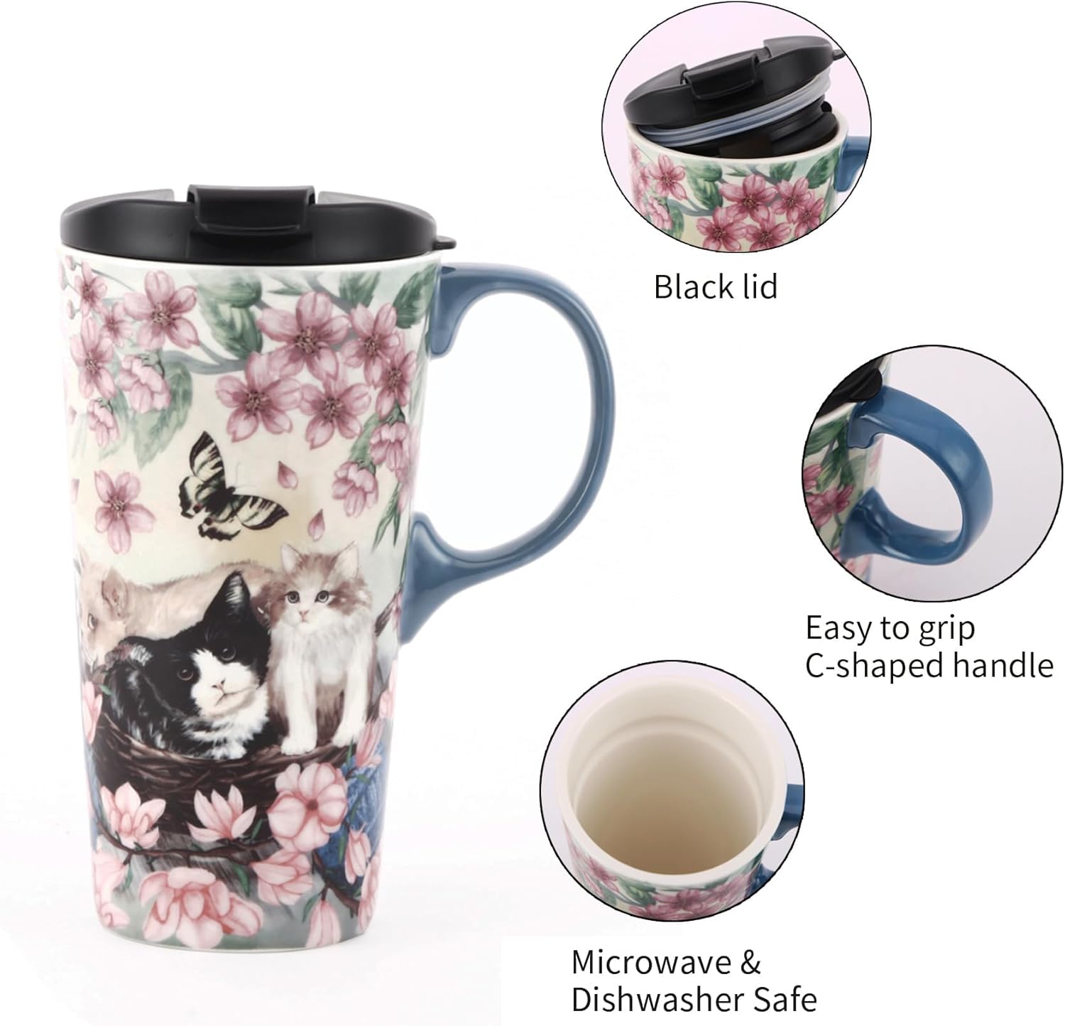 TZSSP Coffee Ceramic Mug Travel Mug Porcelain Latte Tea Cup With Lid 17oz,Novelty Coffee Mugs for Office & Home Flower and Cat - Image 5