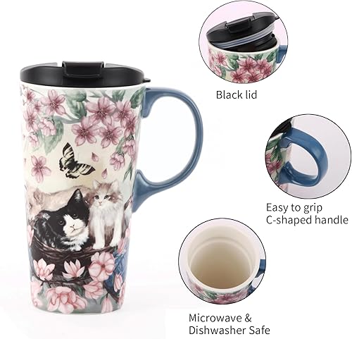 Miniatura 5 de TZSSP Taza de viaje de cerámica de café, taza de té con leche de porcelana con tapa, 17 onzas, tazas de café novedosas para oficina y hogar, flores