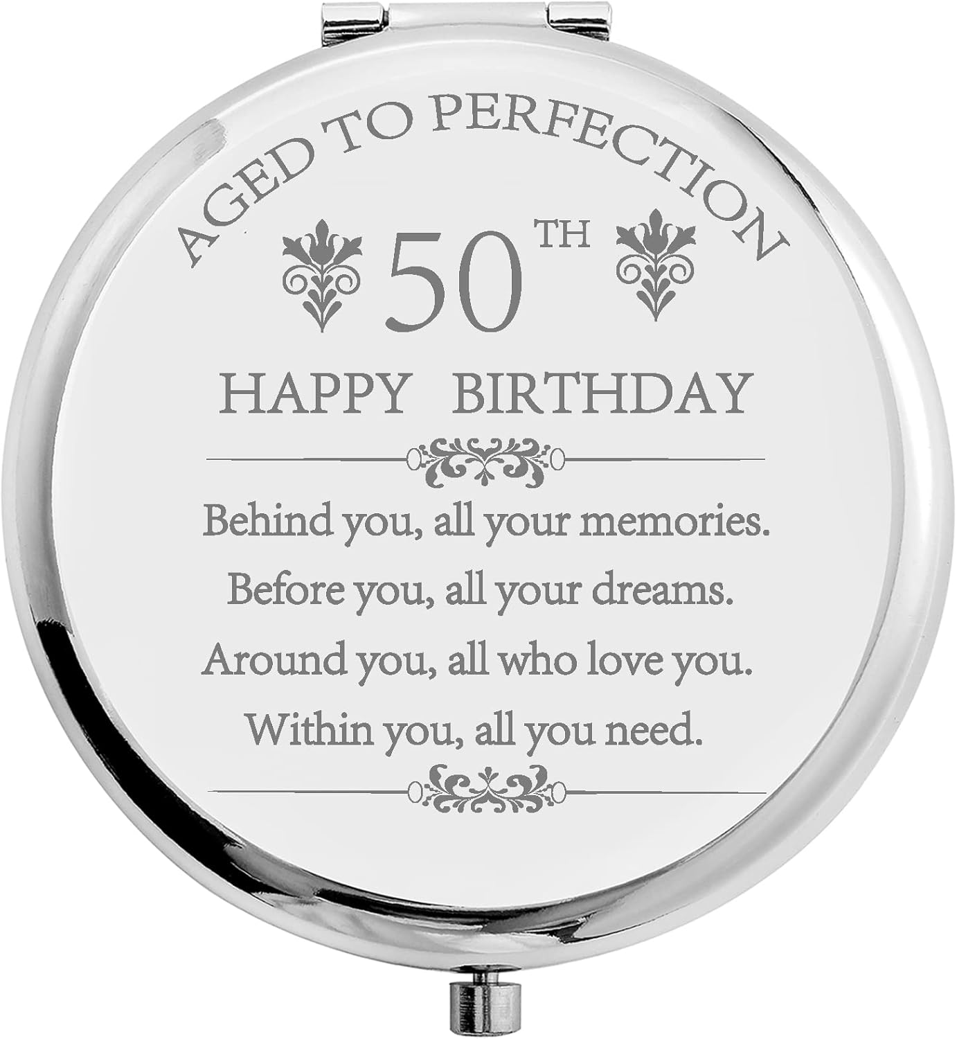1973 50th Birthday Gifts for Woman Mom Wife Stainless Steel Compact Pocket Travel Makeup Mirror Inspiration Present Behind You All Your Mermories (Silver)