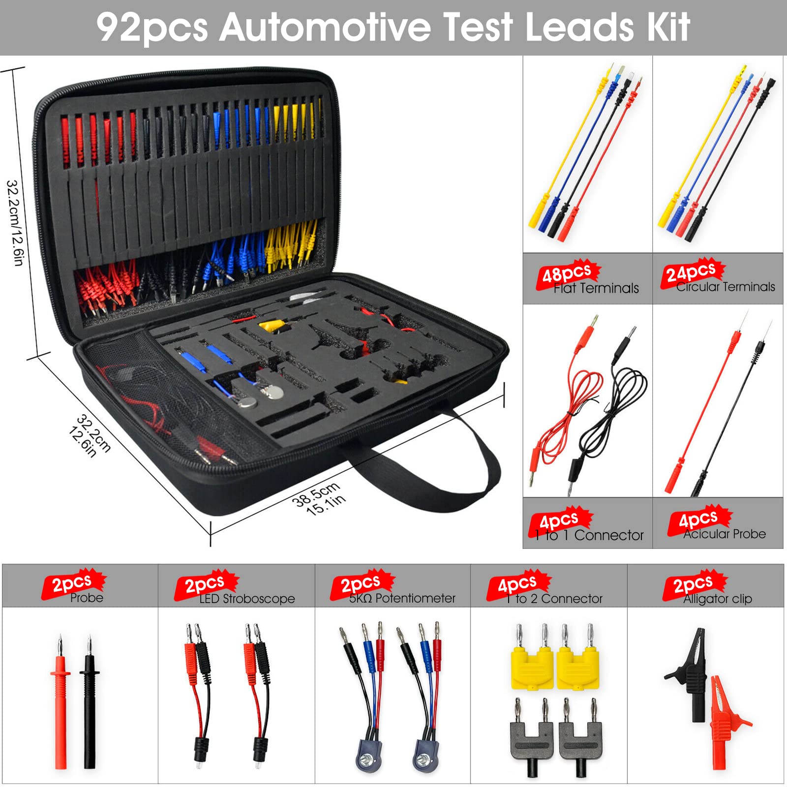 Kethvoz Punte misurazione per multimetro auto, Automotive Circuit Test Leads, 92 pezzi, set cavi prova con custodia, morsetti a coccodrillo elettrici, campioni test, spina SRS 5KΩ potenziometro