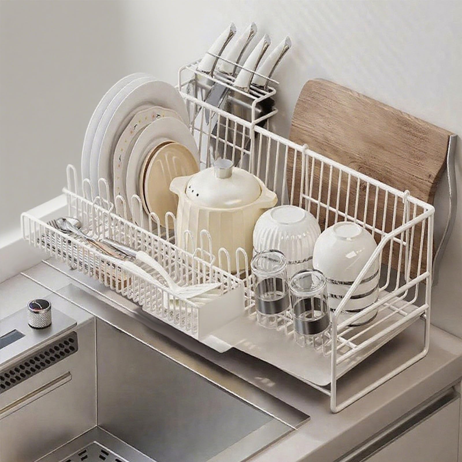 Genérico Escurreplatos de Acero al Carbono Blanco cremoso de Gran Capacidad - Modelo E de encimera, Resistente a la oxidación, diseño Robusto, organizar la Cocina y secar los Platos.