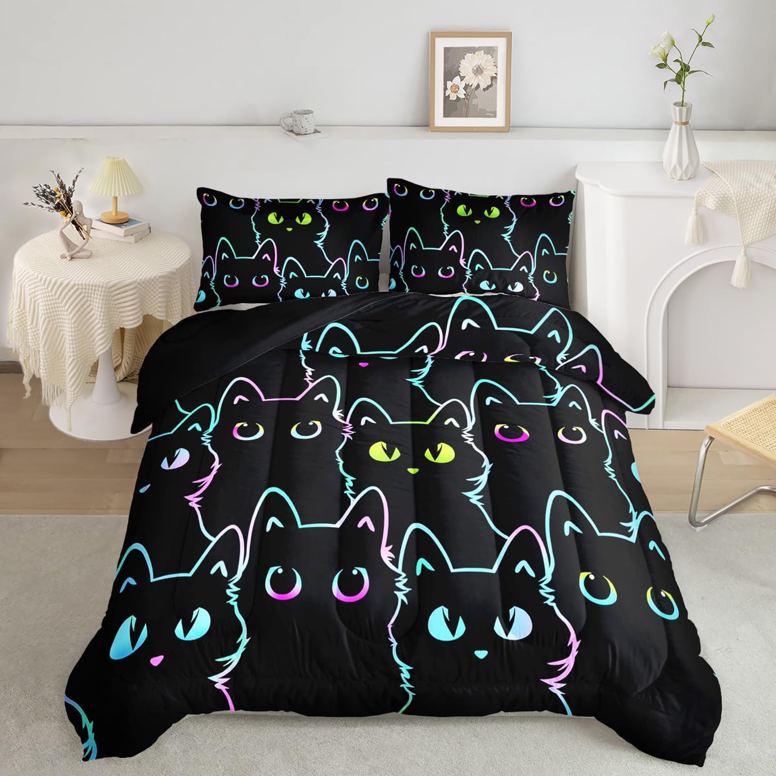 Axolotl Kinder-Bettwäsche, Cartoon-Katzen-Bettwäsche-Set, Doppelbettgröße, Farbverlaufslinie, niedliches Katzen-Bettwäsche-Set für Teenager, Kinder, Jungen, Mädchen, 2 Kissenbezüge, Schwarz