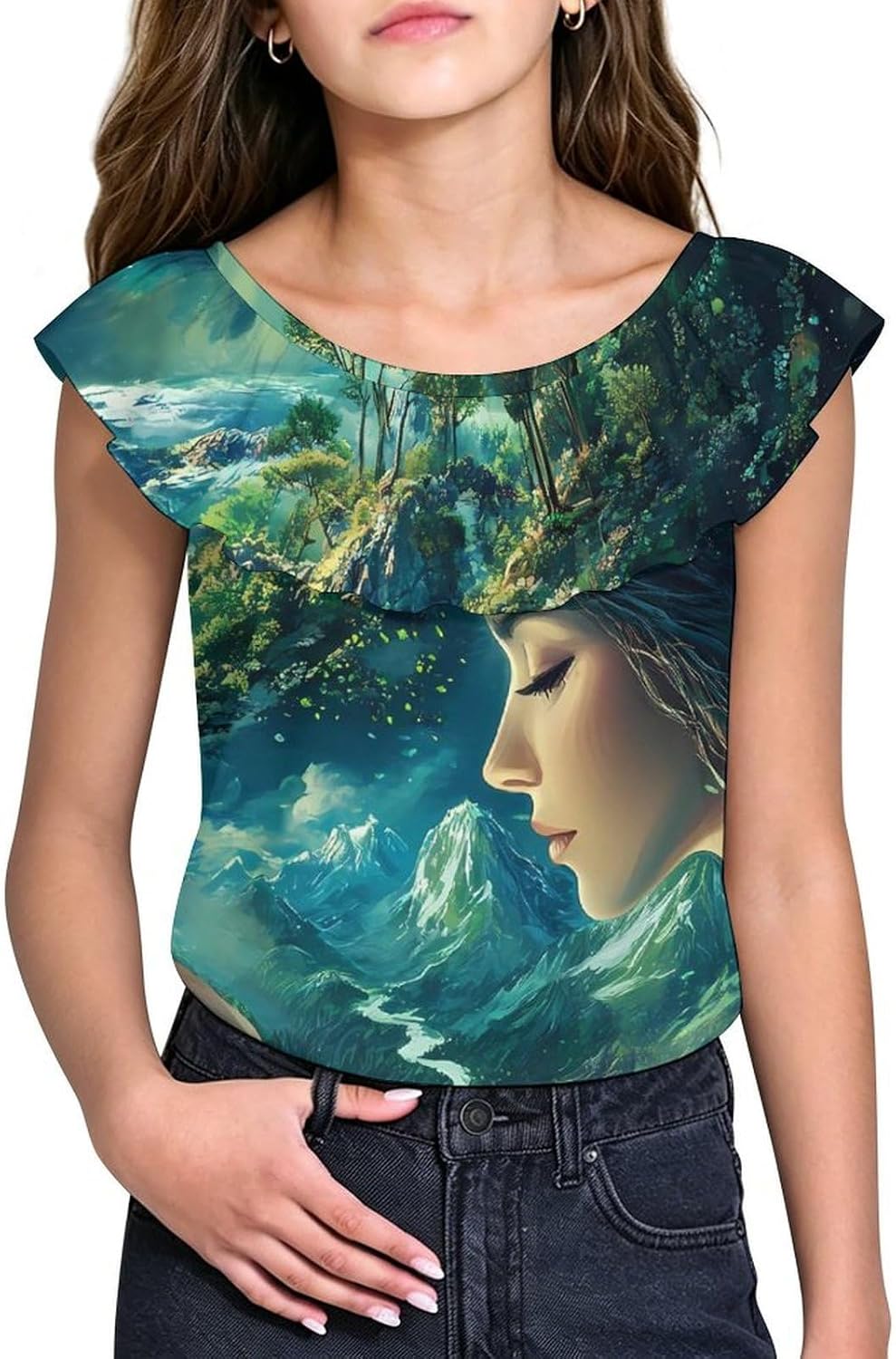 Gaia Earth Goddess Greek Mythology Girls T-Shirts Top Ruffle Short Sleeve Blouse Casual Graphic Tees