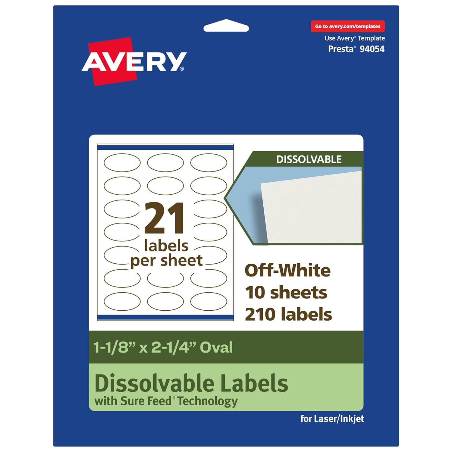 Avery Dissolvable Oval Labels, Sure Feed Technology, 1-1/8" x 2-1/4", Matte White, Print-to-The-Edge, Laser/Inkjet Printable, 210 Labels Total