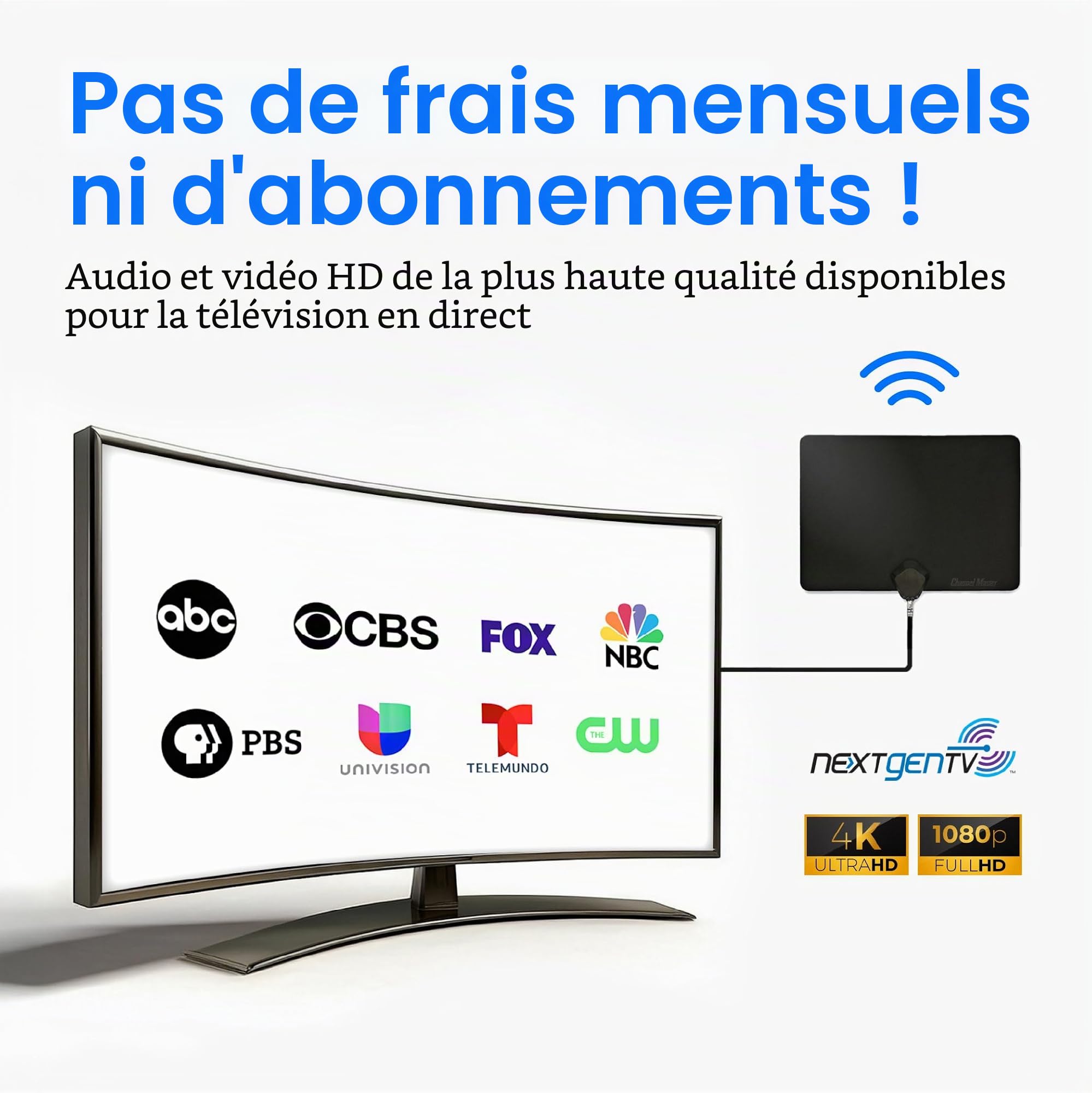 Channel Master FLATenna : antenne HDTV numérique intérieure, câble coaxial de 3,7 m, portée et fiabilité de réception supérieures, compatible avec téléviseurs intelligents 4K, diffusion OTA et NextGen