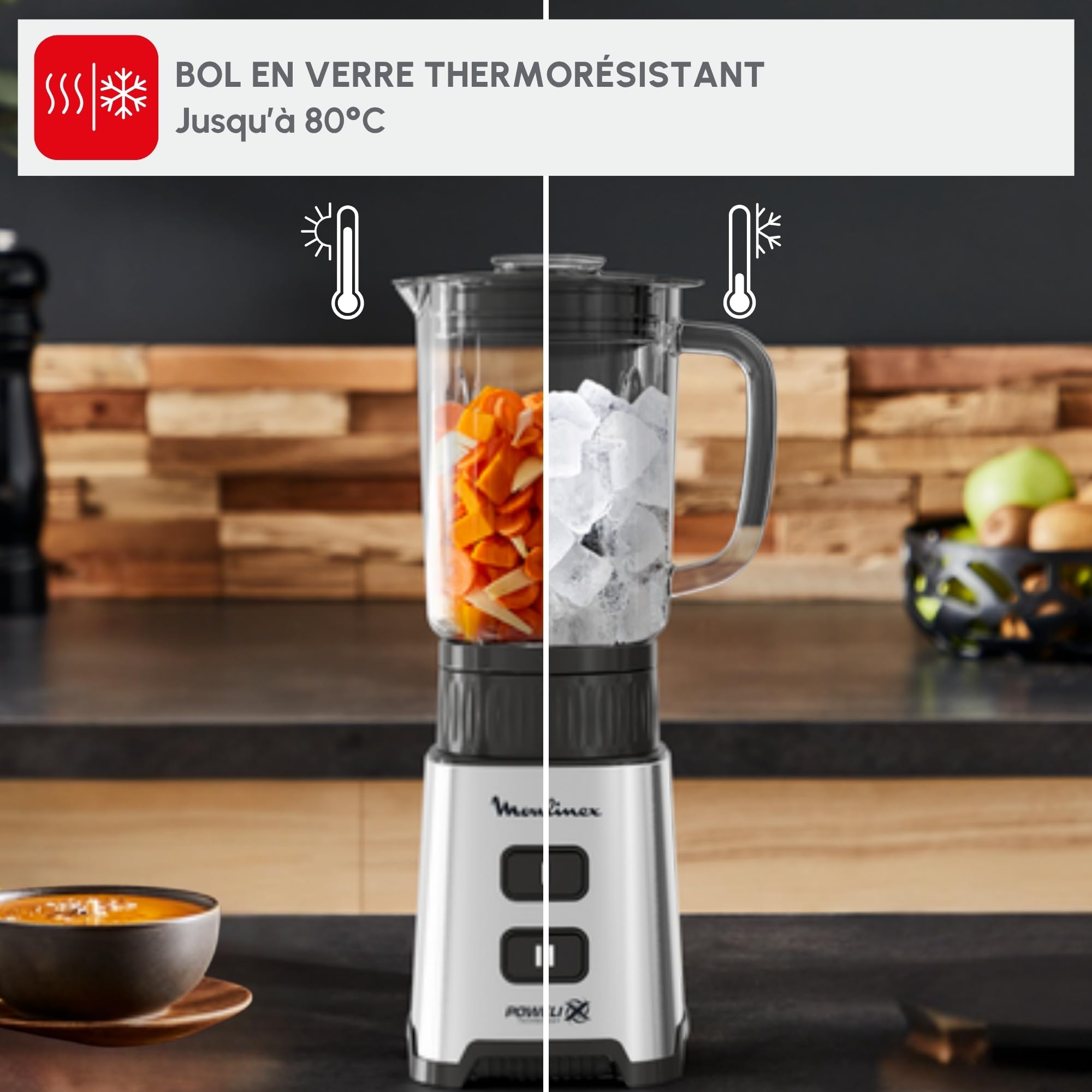 Moulinex Blender, Mini mixeur compact, 400 W, Technologie Powelix, Lames amovibles, 2 vitesses, Contrôle de la texture, Verseuse en verre, Bouteille à emporter en Tritan, Pulseo, Métal LM17GD10