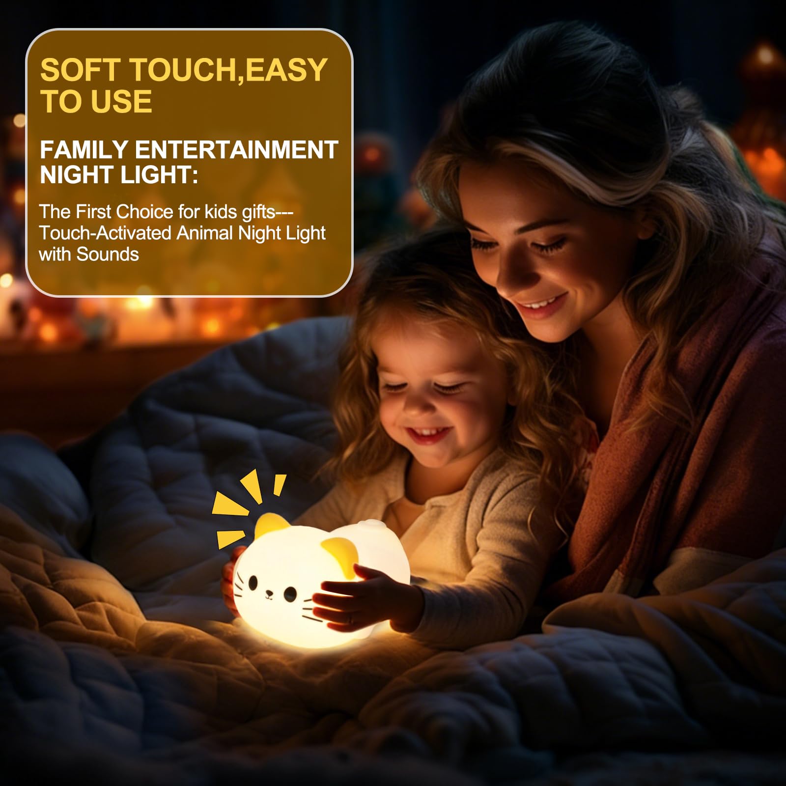 Katzen-Nachtlicht und Lampe für Baby-Kinderzimmer – weich liegendes Kätzchen-Nachtlicht, dimmbar und 7 RGB-Farben, umschaltbarer Tier-Sound, wiederaufladbar, BPA-frei, gut als Raumdekoration