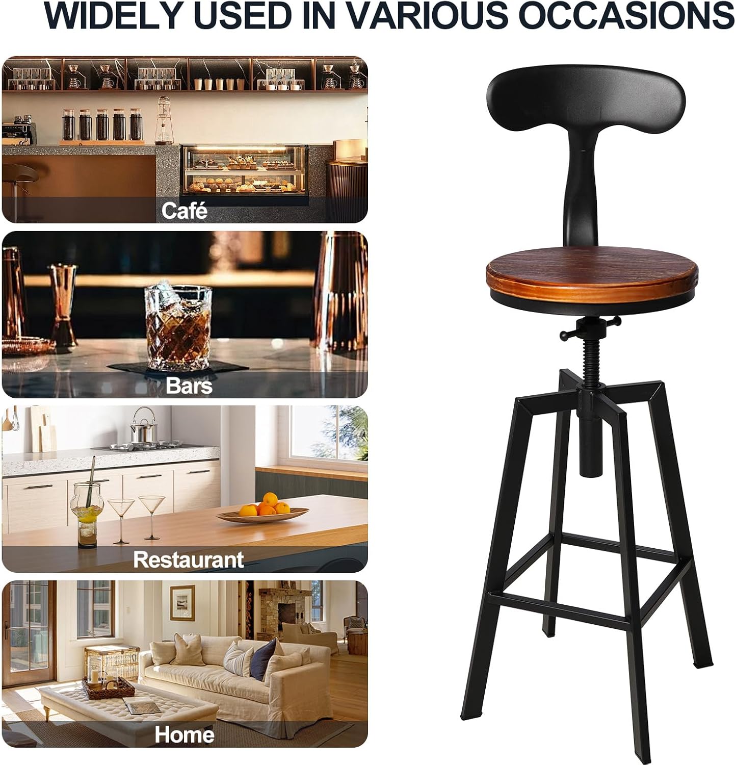 Set of 2 Industrial Bar Stools with Backrest Swivel Wooden Seat Height Adjustable 25-32inchKitchen Island Stool Breakfast Dining Chair