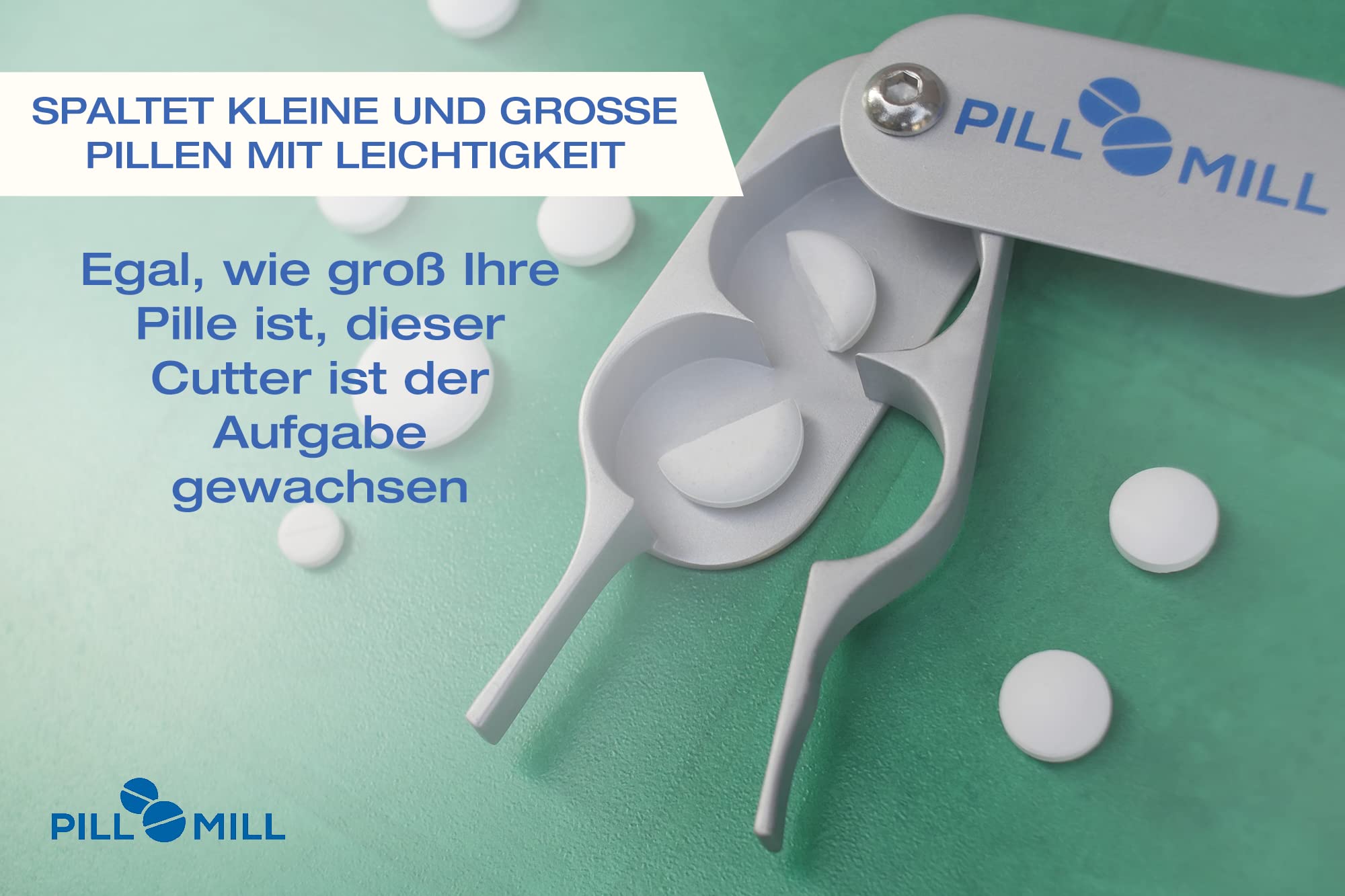 Tablettenteiler von Pill Mill - Metallklingen, die nie stumpf werden - Griff hilft, kleine oder große Pillen leicht zu schneiden -Leichte Tablettenschneider - Perfekter Pillenschneider für unterwegs