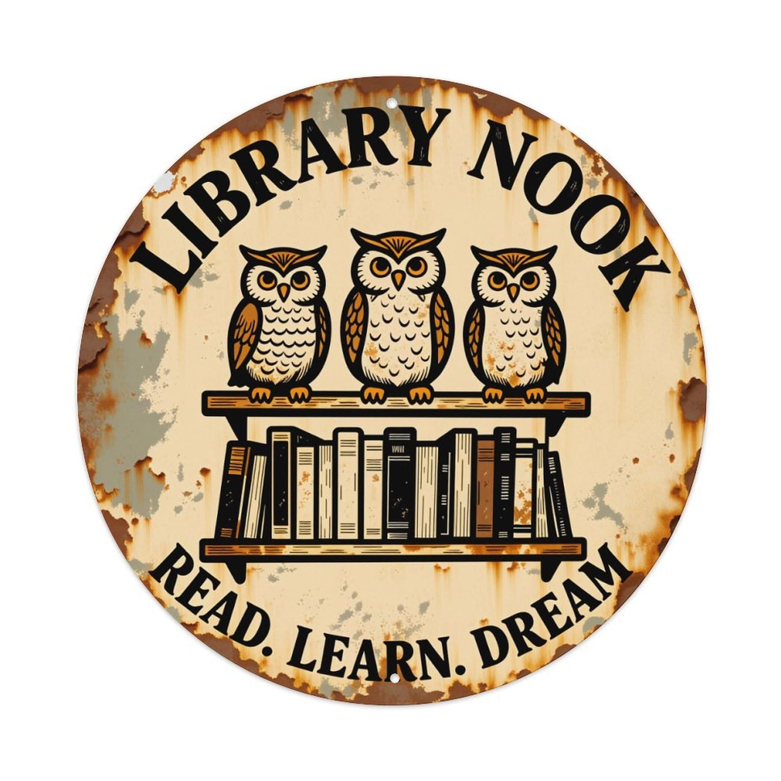 Wmlzdnwr Vintage Library Nook Owls Books Shelf Read Learn Dream Round Tin Sign,Retro Wall Art,Metal Poster For Home, Bar, Garage, Cafe, Rustic Indoor & Outdoor Decor, 8X8 Inches