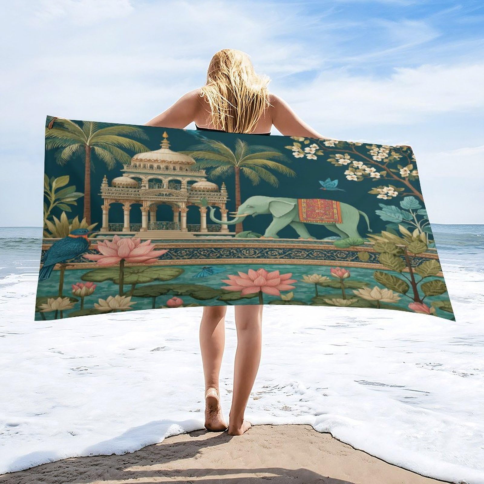 Luyysky Boho Aesthetic Indian Elephant Quick-Drying Beach Towel, Rustic Vintage Animal Elephant Bird Lotus Flowers Palm Tree Travel Vacation Single Sided Pile Bathroom Towels-80 W Cm X 160" L Cm