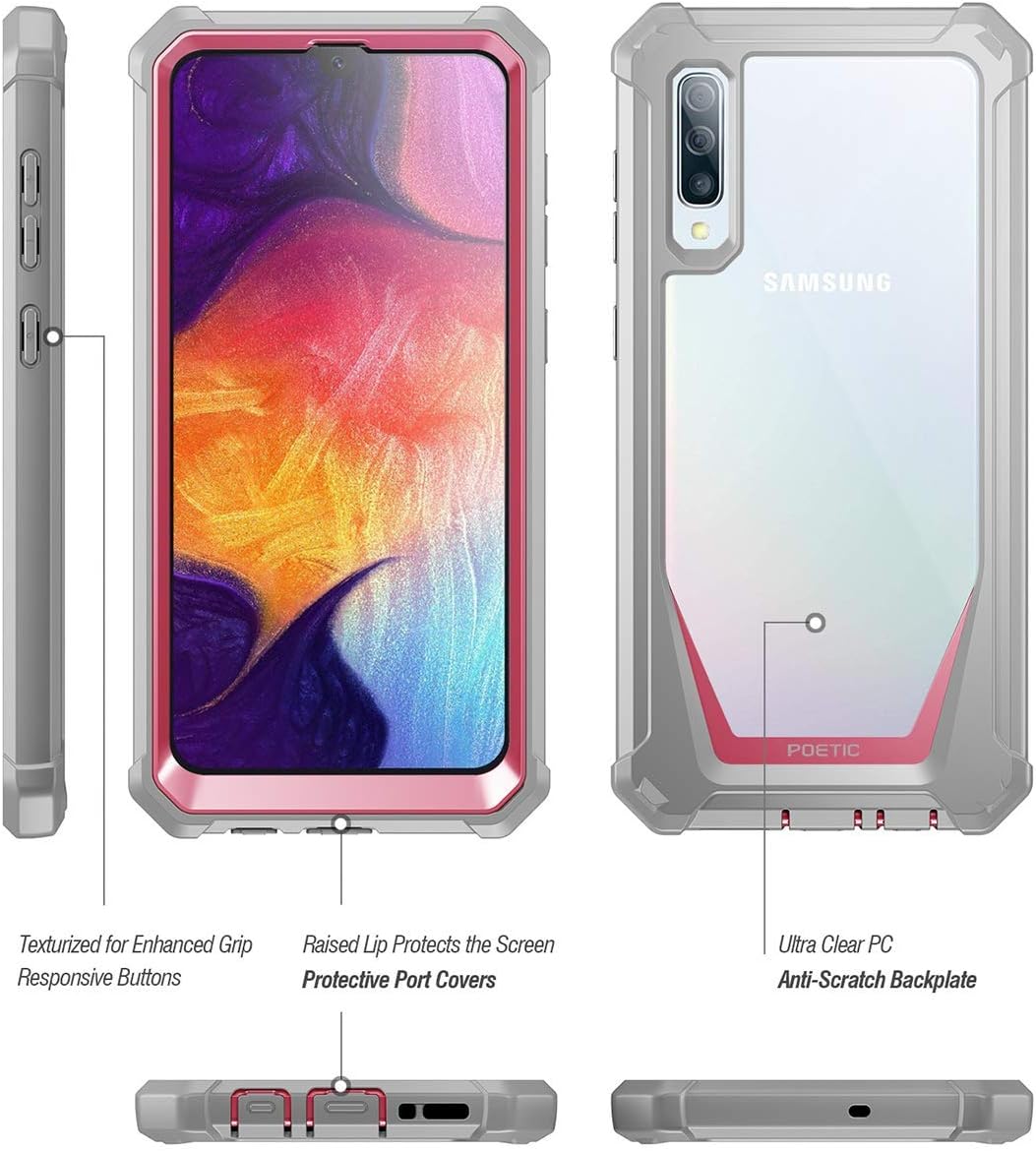 New Arrivals Poetic Guardian Series Case Designed for Samsung Galaxy A50/A50s Case, Full-Body Hybrid Shockproof Bumper Cover with Built-in-Screen Protector, Pink/Clear