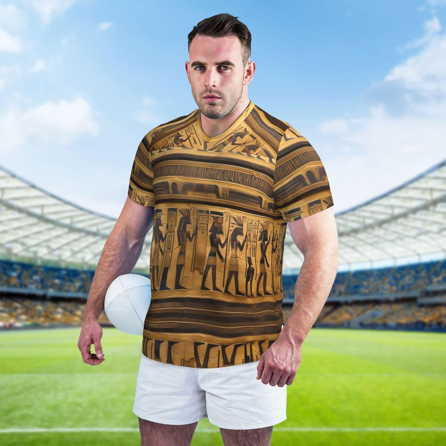 Egypt Hieroglyphics Rugby Football Jersey for Men, Comfortable V-Neck Loose Fit Top for Team Sports Athletics