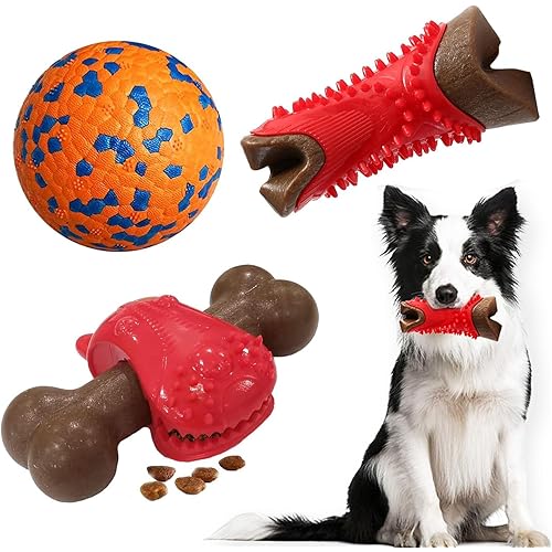 3 Pack Durable Dog Chew Toys for Aggressive Chewers - Bones & Dog Tennis Ball Toys for Medium to Large Breed Dogs Teeth Cleaning and Gum Massage
