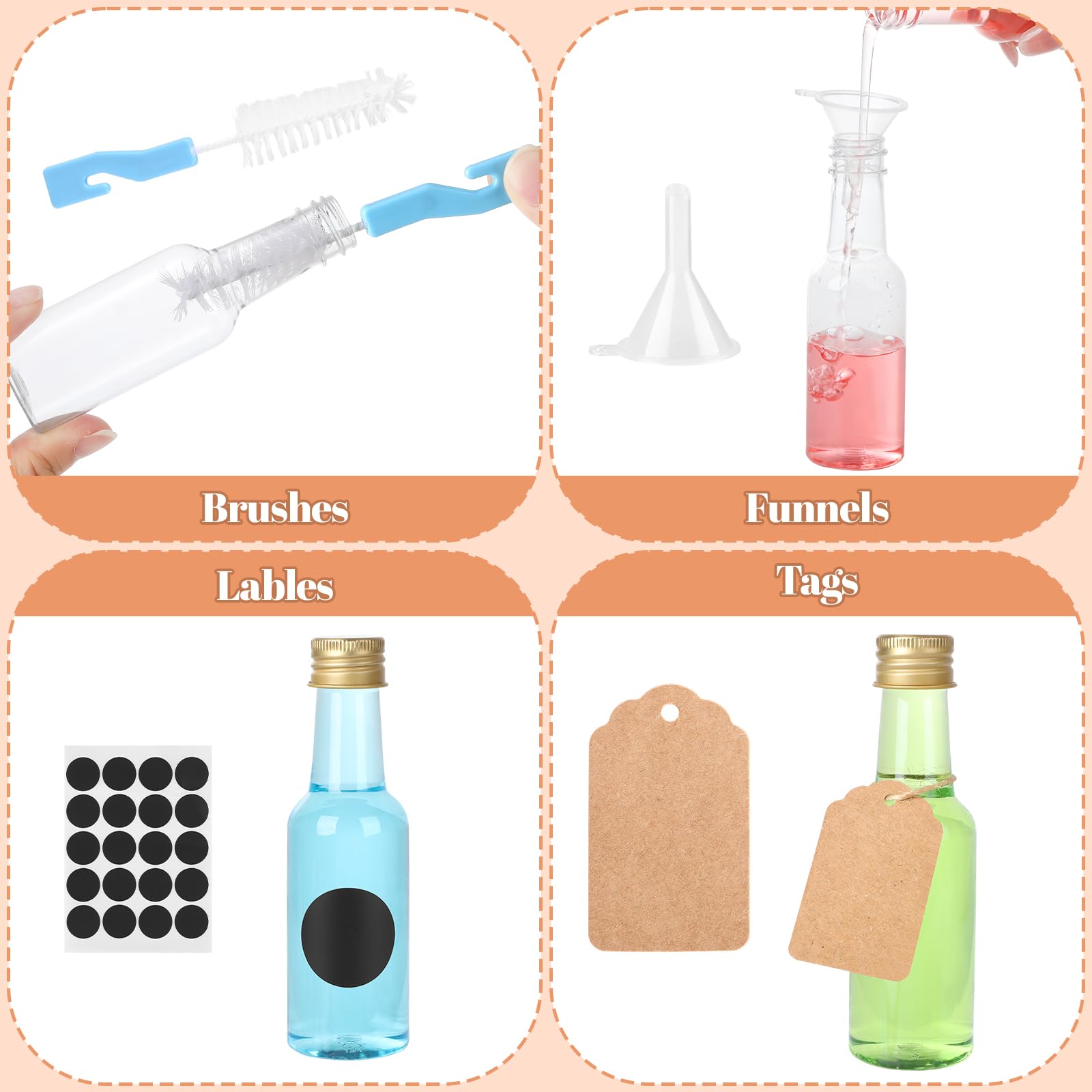 50 Pezzi Mini Bottiglie Alcolici Bomboniere, Bottigliette Liquore Mignon da 25-30 ml, Piccole Bottiglie di Plastica con Penna, Etichette, Imbuto e Pennello per Matrimoni, Feste e Whisky
