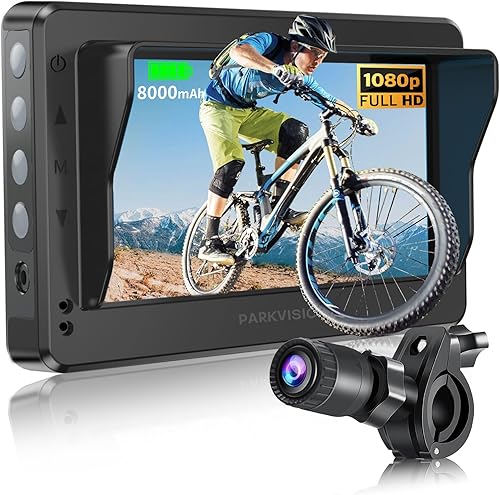 PARKVISION Cámara de visión trasera de bicicleta con parasol, monitor HD 1080P de 4.3 pulgadas con atenuación automática, batería recargable de 8000