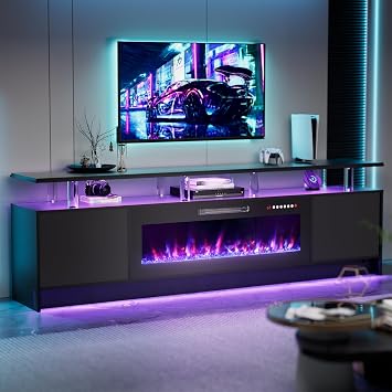 BREEZEHEAT 80 Inch Fireplace TV Stand with 42 Electric Fireplace, 2 Tier TV Console Stand for TVs Up to 90" w/Outlet, Dual Led Lights Entertainment Center with Fireplace, for Living Room, Black