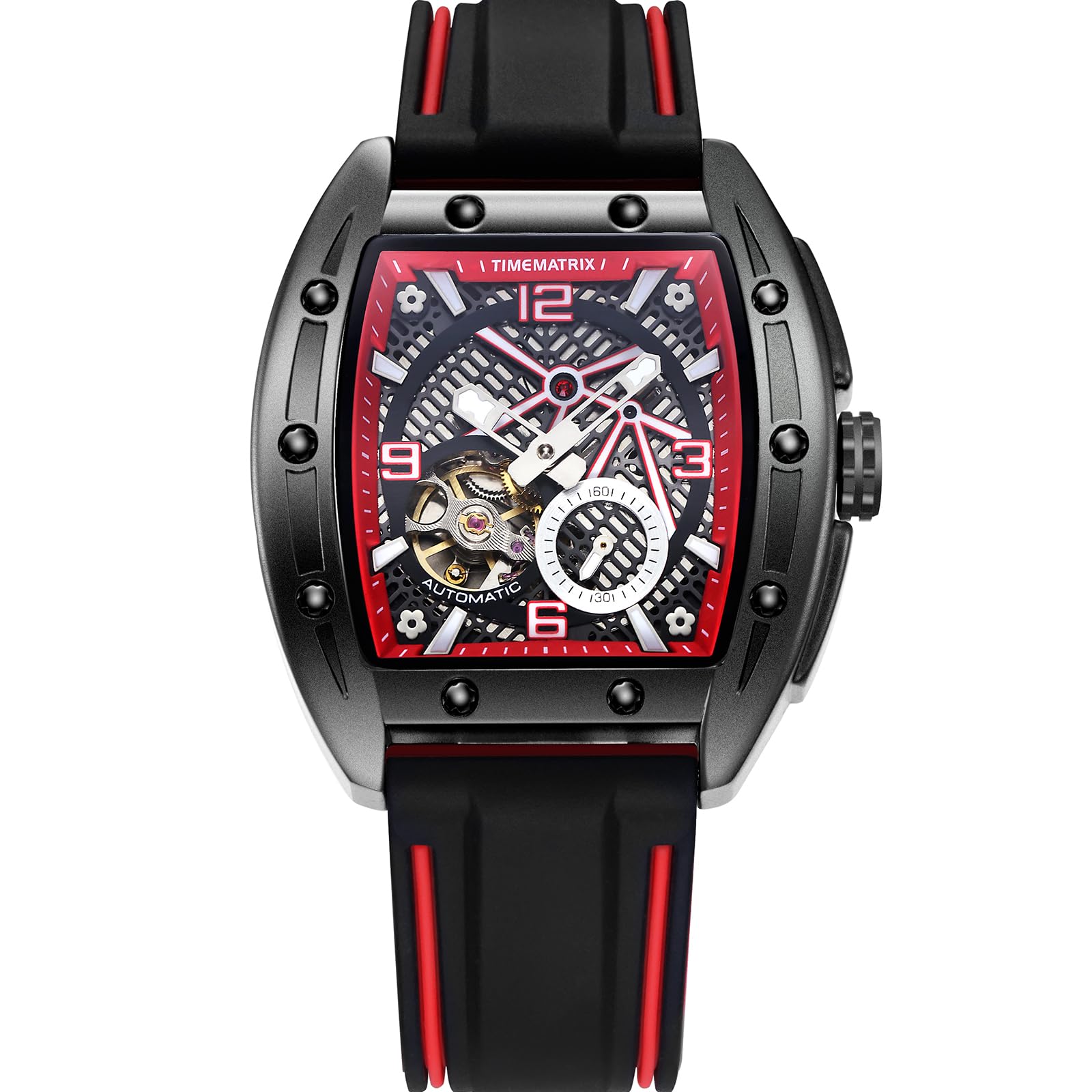 TIMEMATRIX Time Matrix Mens Personalized Locomotive Series Automatic Watch with Mechanical Skeleton Movement Dial, Silicone Band, Luminous Hands, Separate Seconds Dial, Black Red-TMX3001-2 (B0CNLYJXHW) Amazon Price History, Amazon Price Tracker
