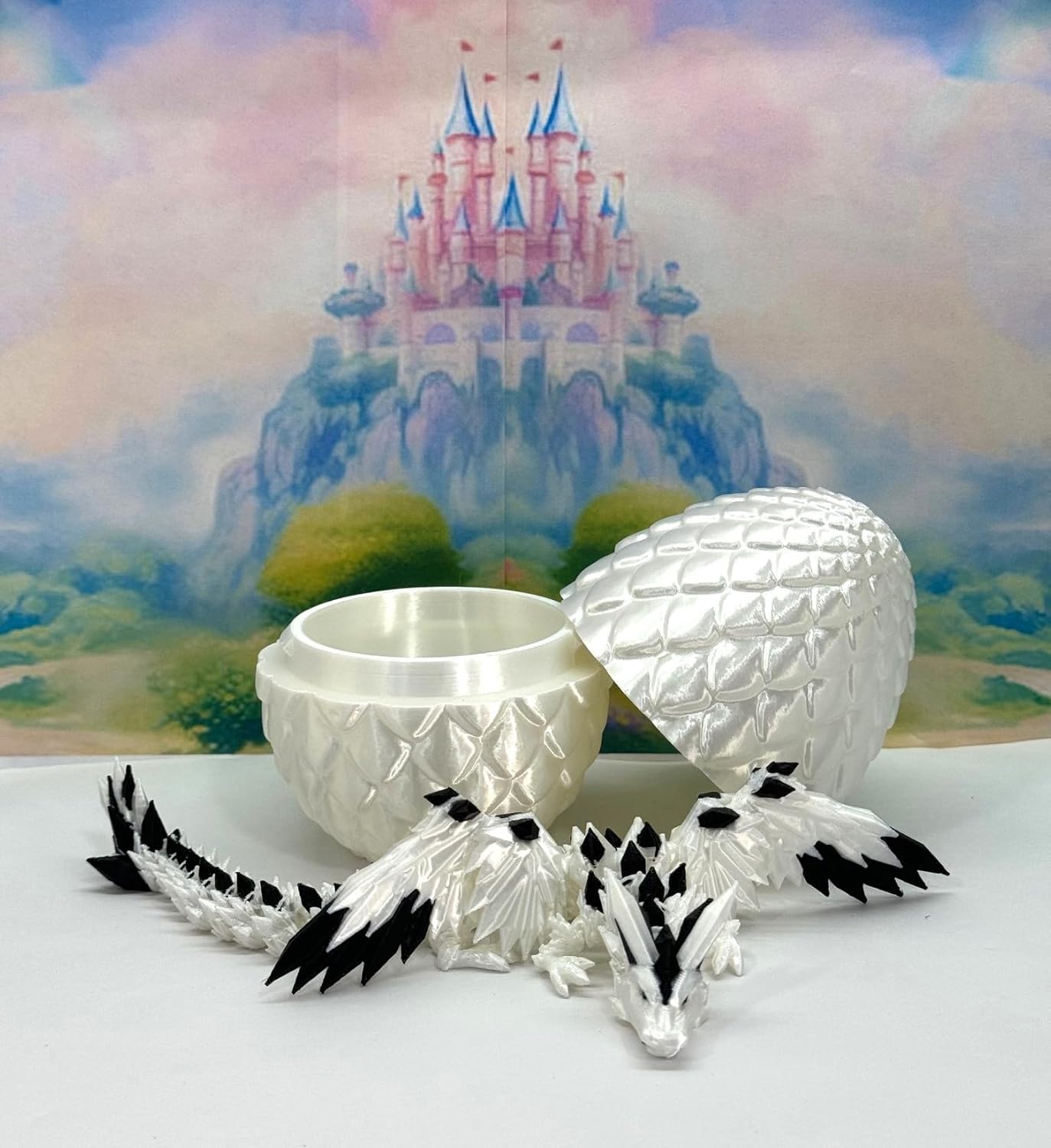 Crystal Winged Dragon with Egg, 3D Printed Articulated White and Black Winged Dragon, Fidget ADHD Autism Toy CW011-WE