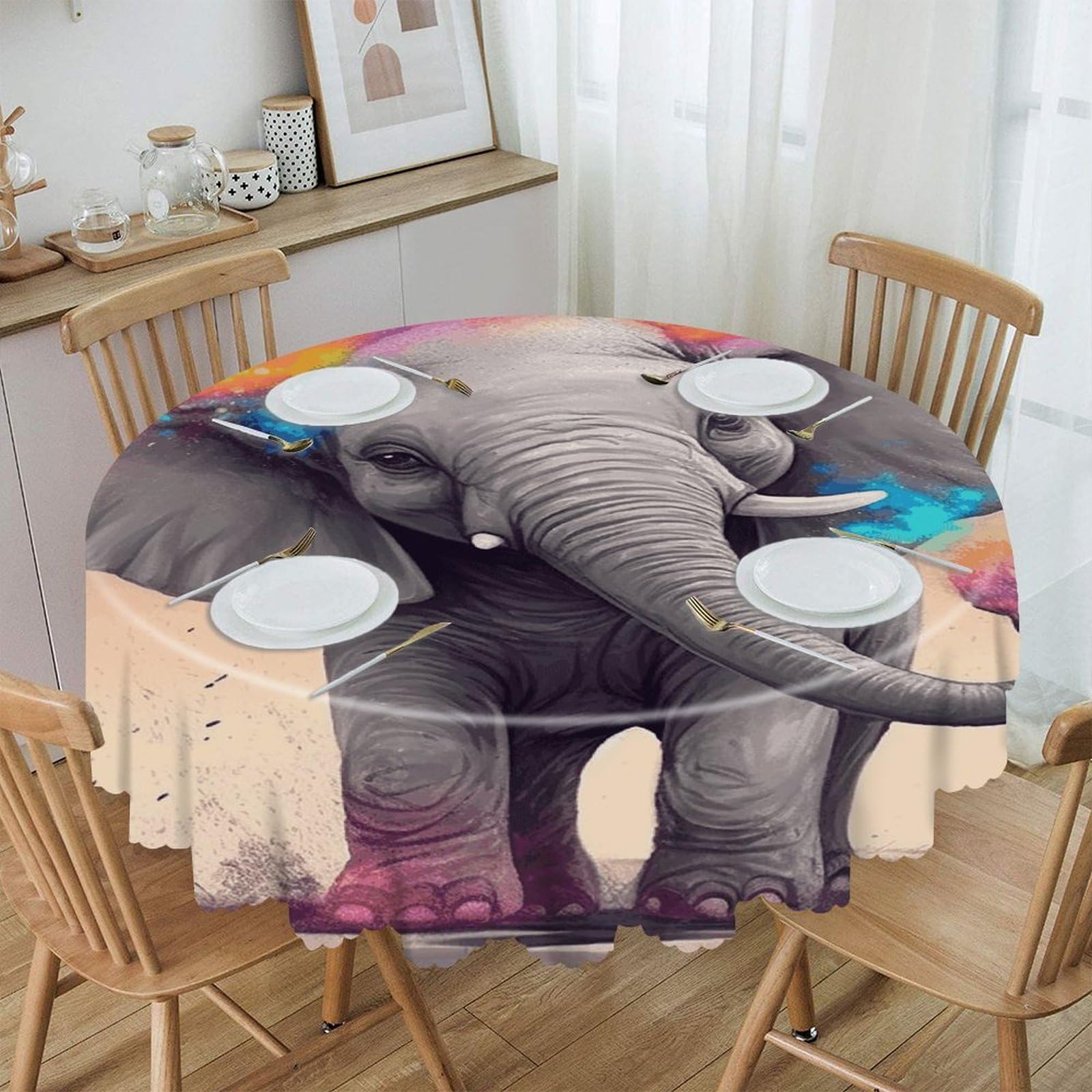 FekiLoot Animal Cartoon Elephant Round Tablecloths 60 Inch Resistant Washable Polyester Table Cloth Style Decorative Circle Fabric Table Cover for Dining Kitchen Party Farmhouse Outdoor