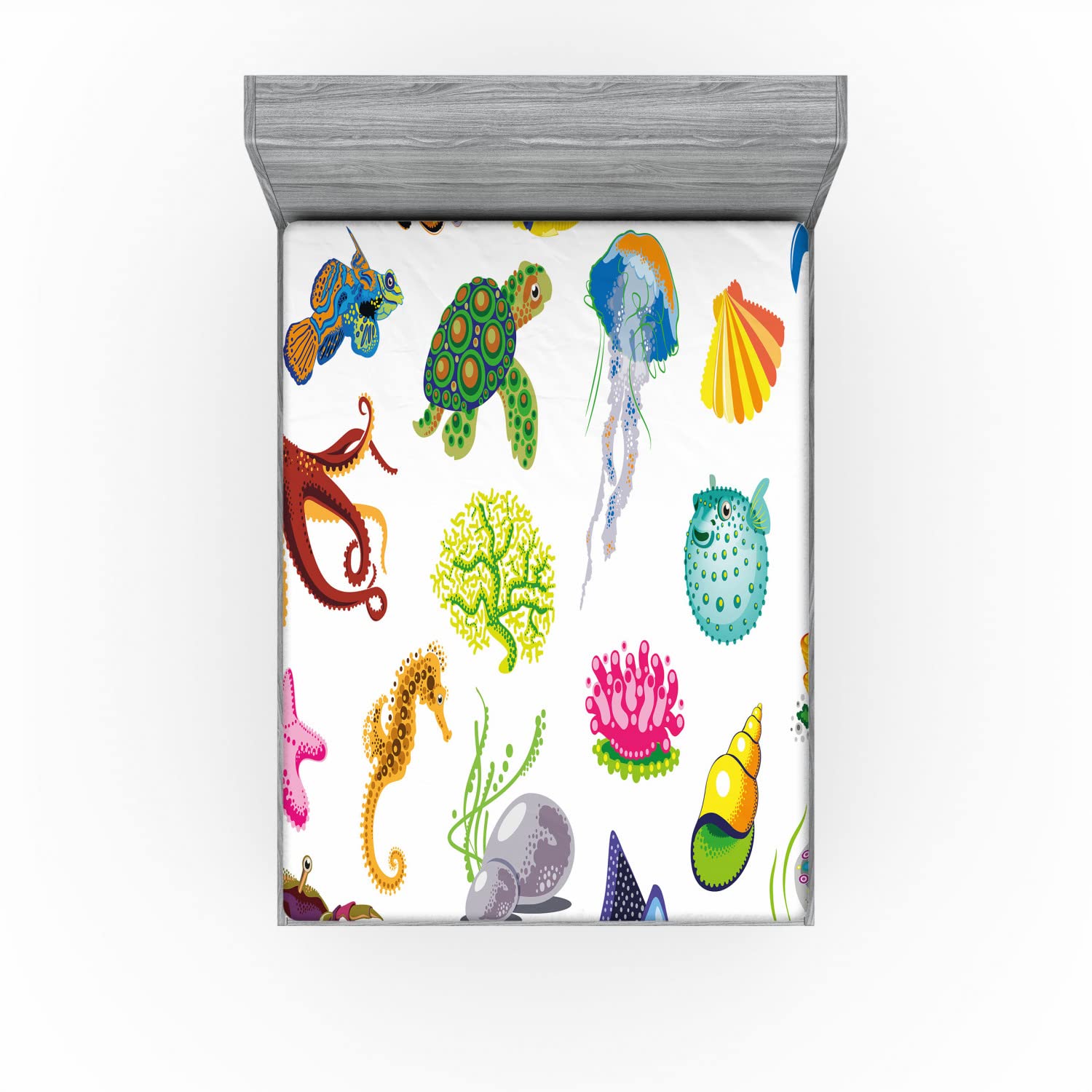 Ambesonne Marine 2 Pack Fitted Sheet, Sea Animals Octopus Fish, Bed Cover All-Round Elastic Deep Pockets 2 Pieces, Package Contains 2 Full Size Fitted Sheets, Blue Green