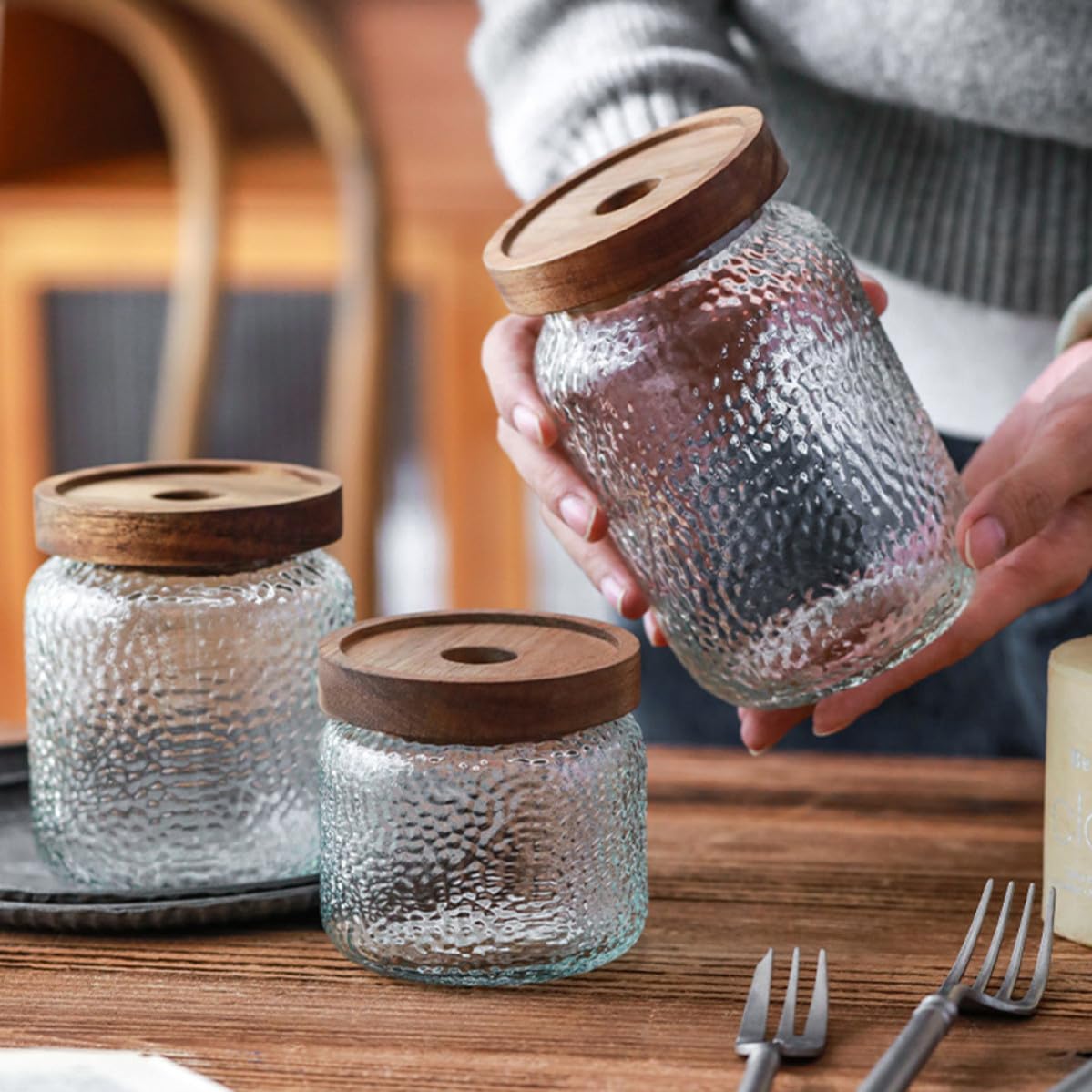 Tarros Herméticos Capacidad 350ml, 500ml y 700ml Juego de 3 de Vidrio con Tapa de Madera de Acacia Recipientes Multipropósito para Almacenamiento de Café y Té