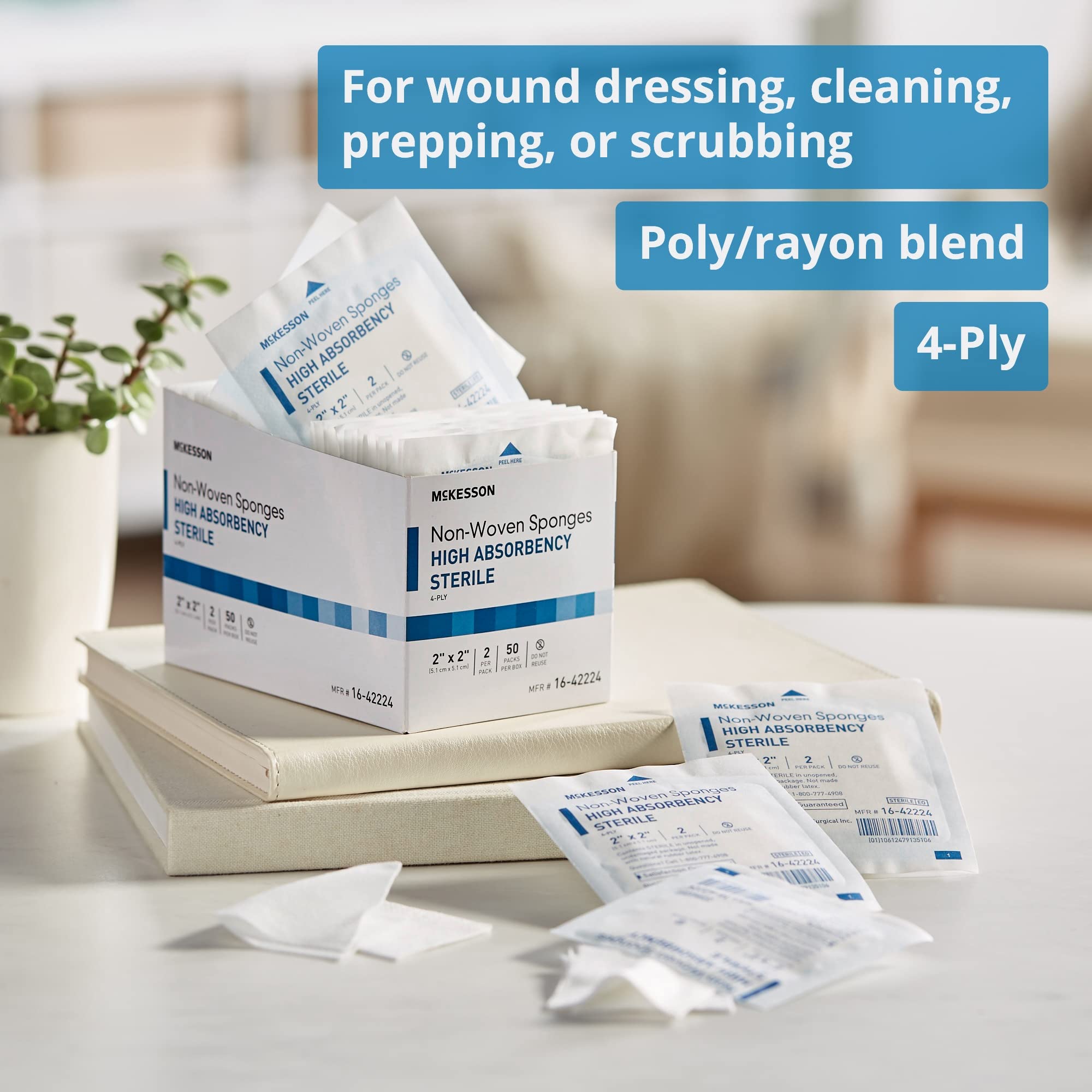 McKesson Non-Woven Sponges, Sterile, 4-Ply, High Absorbency, Polyester/Rayon, 2 in x 2 in, 2 per Pack, 1500 Packs, 3000 Total