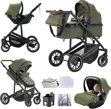 Baby Stroller 3 in 1, Travel Stroller,Green- Pushchair and Car Seat Set, Newborn Pushchair with Adjustable Handle, with Foot Cover,0-4,22KG