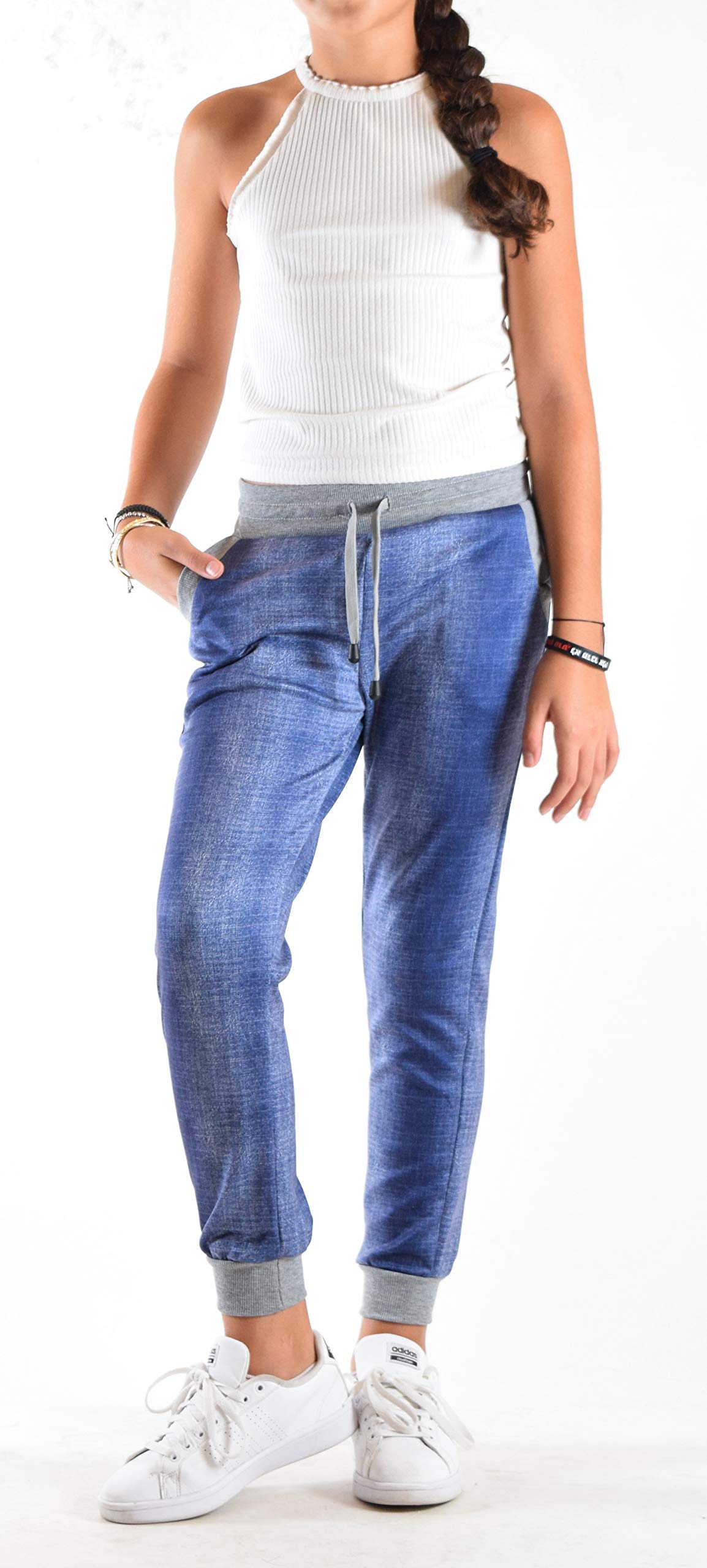 Girls Heather French Terry w Bright Color Waistband Jogger Pants Denim-Lgrey XS