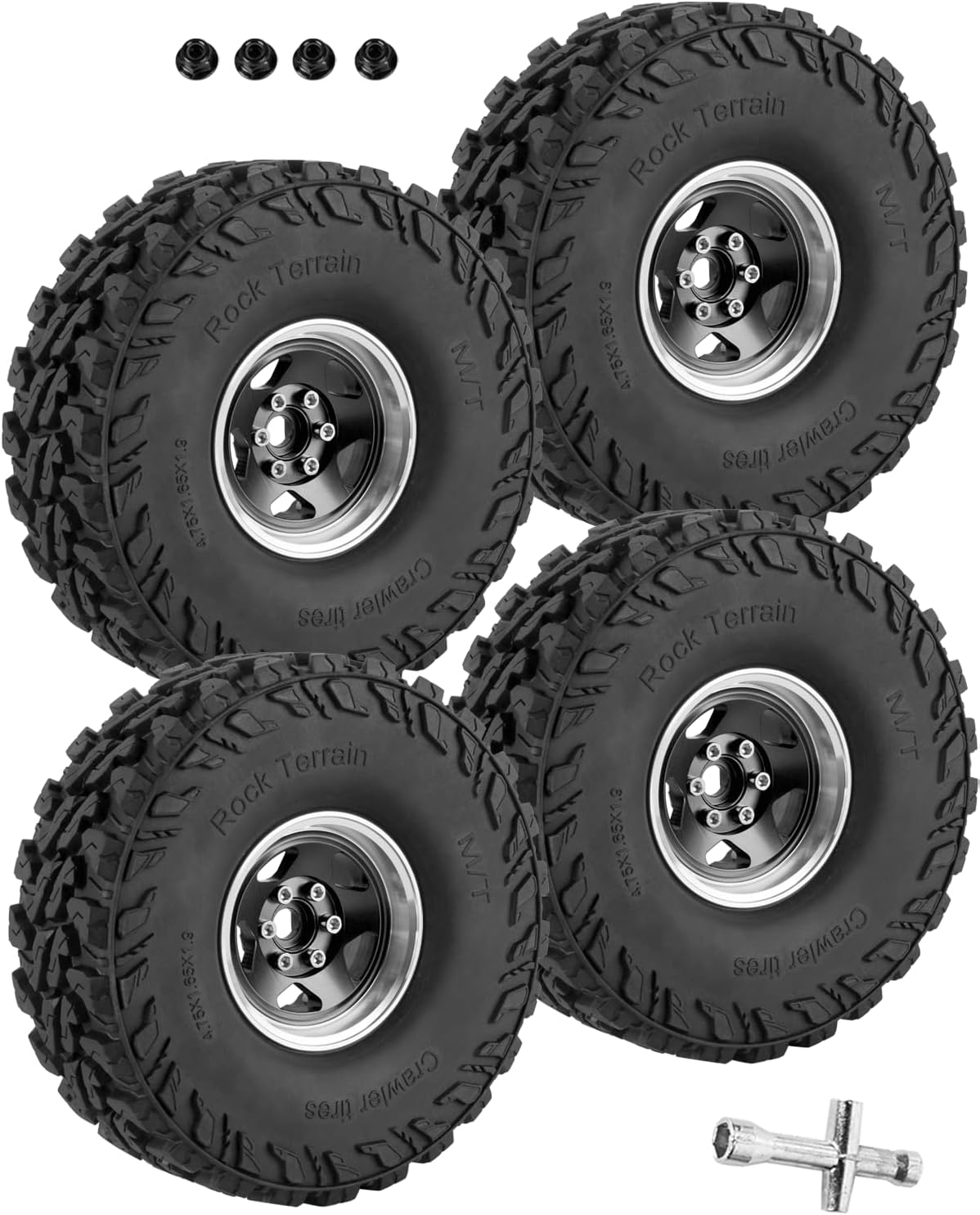 RC Alloy 1.9" Beadlock Wheels and Tires for 1/10 RC Crawler TRX4 SCX10 SCX10 III 90046 D90,1.9 RC Wheels and Tires 1.9 Beadlock Tires RC Rims,4 Packs,Black