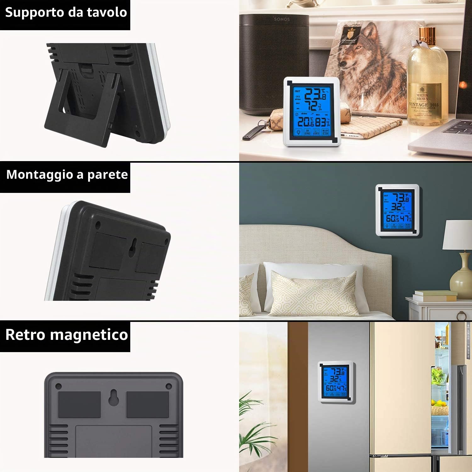 ThreeH Indoor Outdoor Termometro Igrometro Digitale con 3 Sensori Wireless Misuratore di umidità Misuratore di Temperatura Accurato con Retroilluminazione LCD Touchscreen (3 sensori)