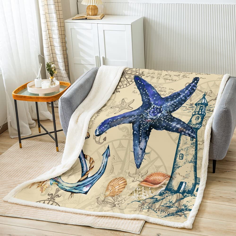 Loussiesd Beach Starfish Fleece Throw Blanket Ocean Marine Sherpa Blanket for Bed Sofa Sea Creatures Plush Blanket Hawaiian Sealife Warm Fuzzy Blanket Sea Animal Single 50x60 Inch